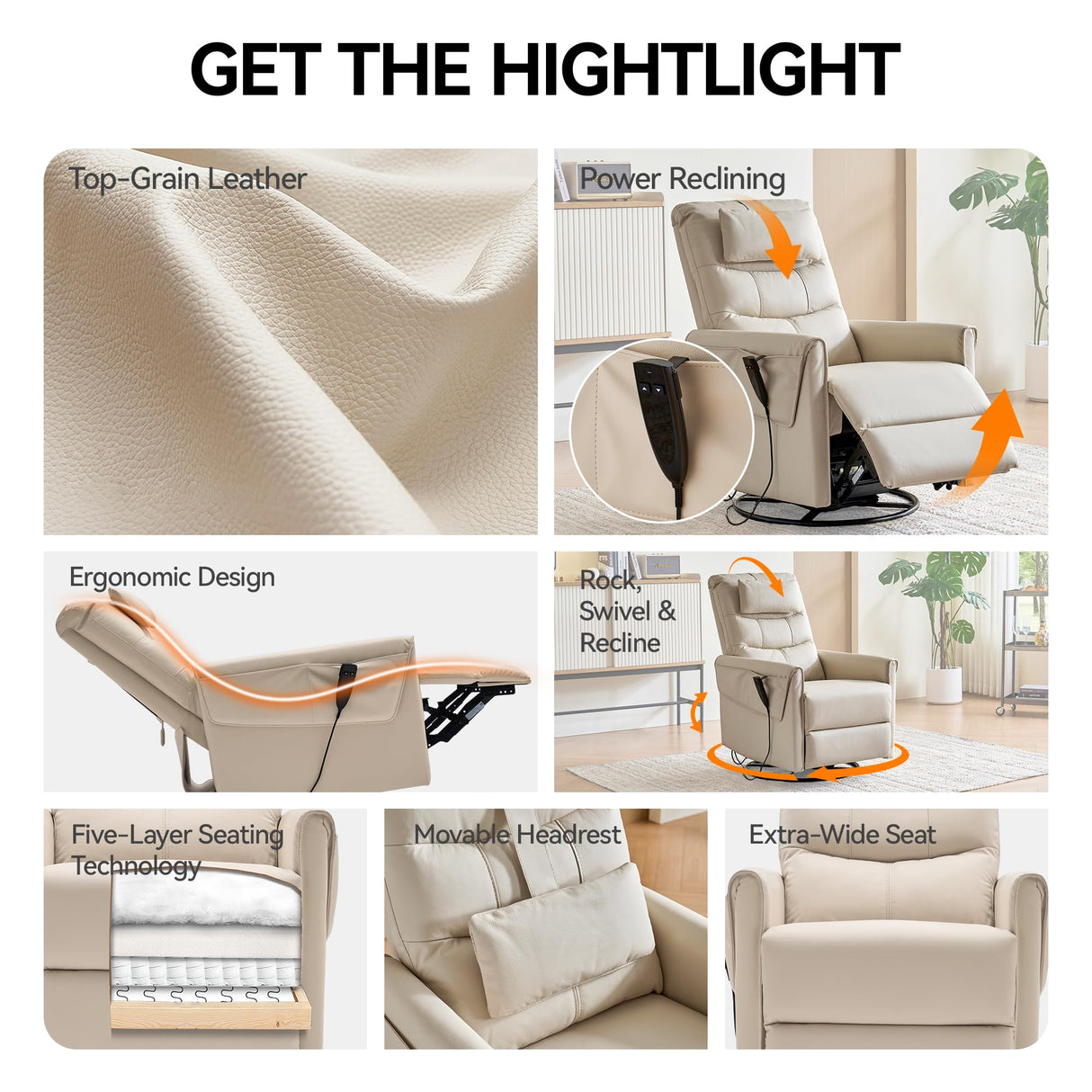 AIRSKY Genuine Leather Recliner Chair, Italian Water-Washing Process,Power Recliner Chair Electric Recliner Chairs for Adults, Swivel Rocker Recliner, Wall Hugger Recliners, Beige, P1 AIRSKY