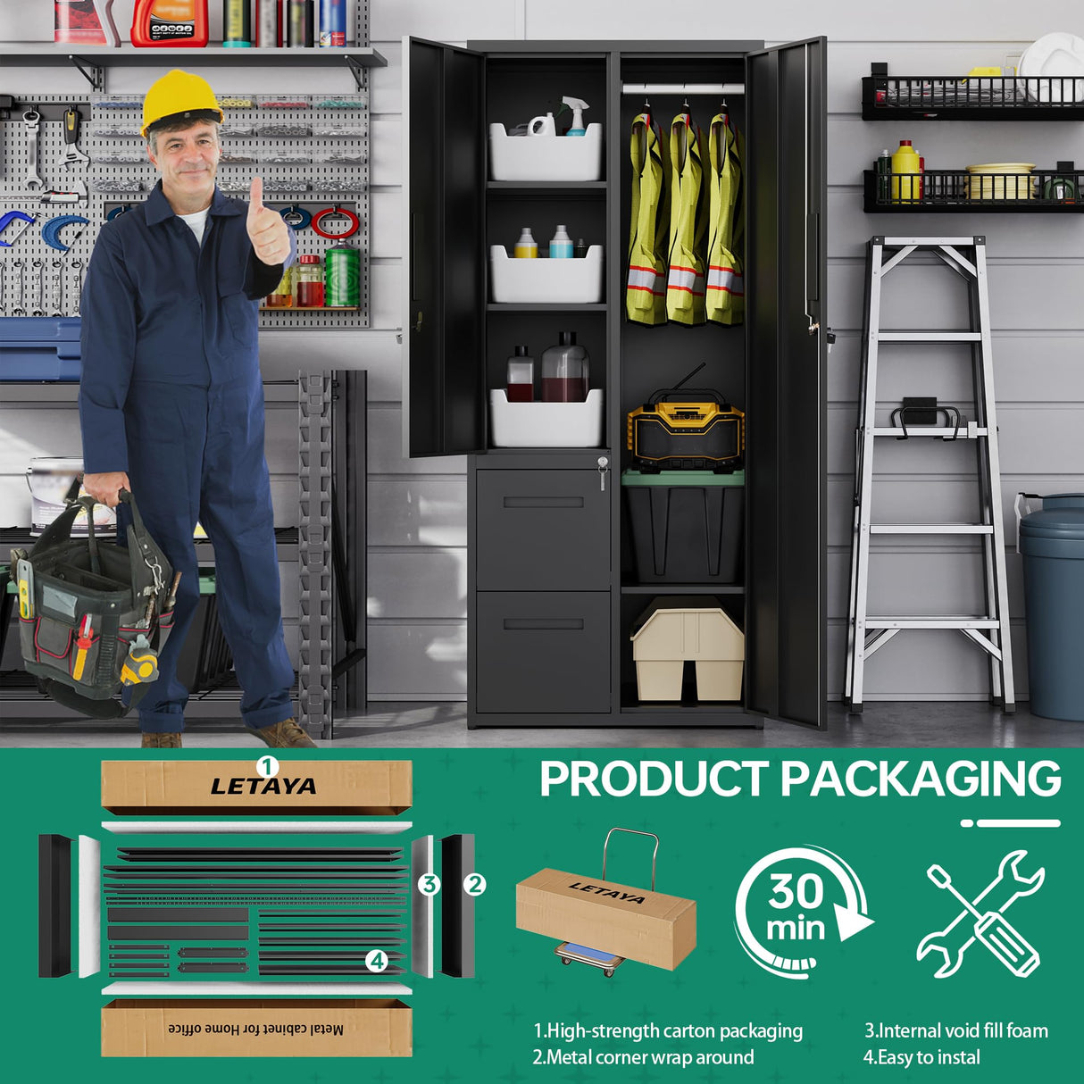 Letaya Metal Storage Cabinets with Drawers, Staff Locker with Lock Door and Shelves-Wardrobe Clothing/File/Tool Storage for Office, Home, School, Employee,Gym,Fire Department,Garage (Black) Letaya