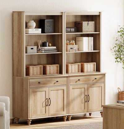 5 Tier Bookshelf 72" Tall Bookcase with Barn Doors, Large Farmhouse Display Book Shelf with 2 Drawers and Storage Cabinet, Library Wood Bookshelves for Living Room,Kitchen, Oak(2PCS)