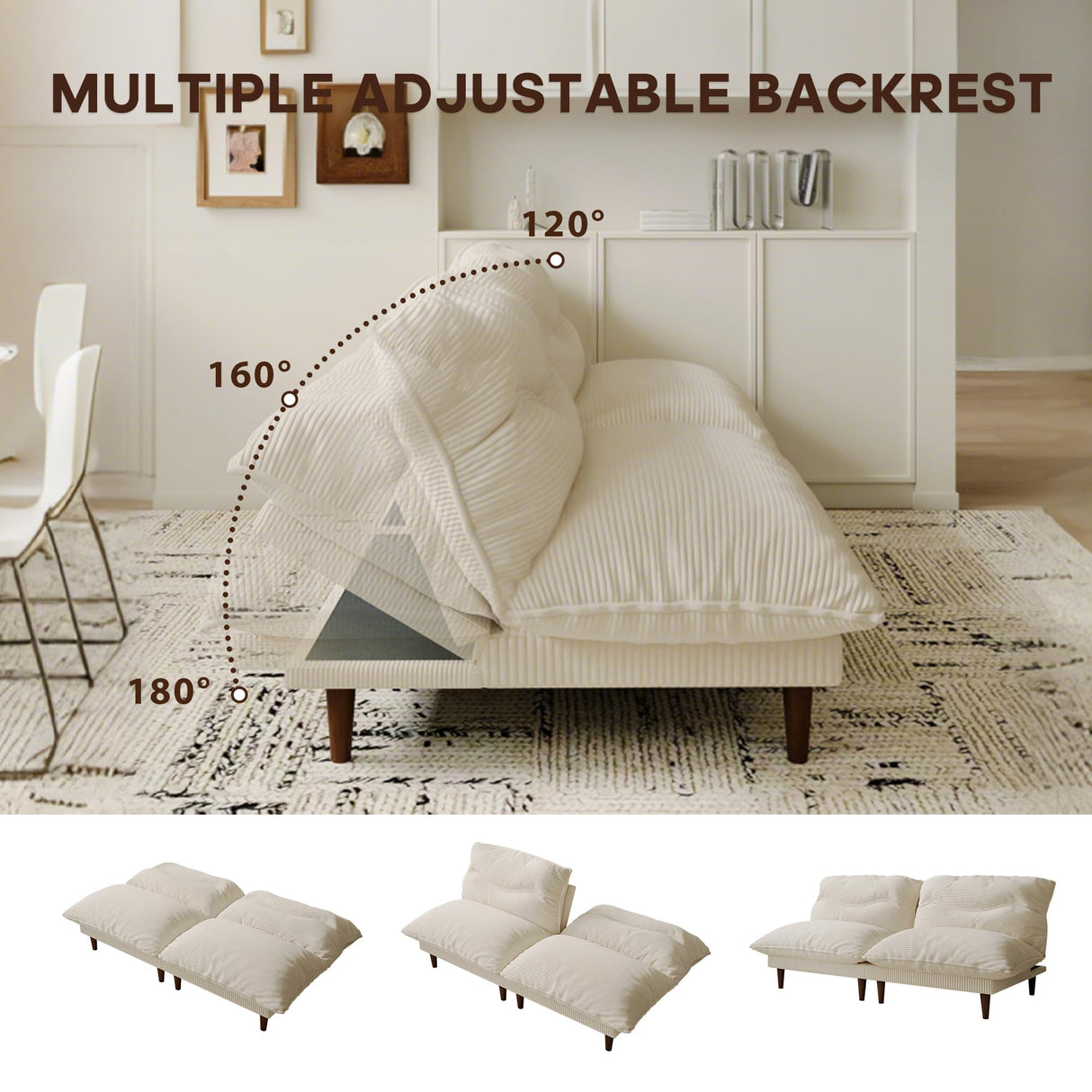 DreamDashio Futon Sofa Bed, 4 in 1 Multi-Functional Futon Couch with Adjustable Backrest, 75 inch Convertible Sleeper Sofa Bed and Recliner Lounge, Corduroy Loveseat for Living Room, Apartment, Beige DreamDashio