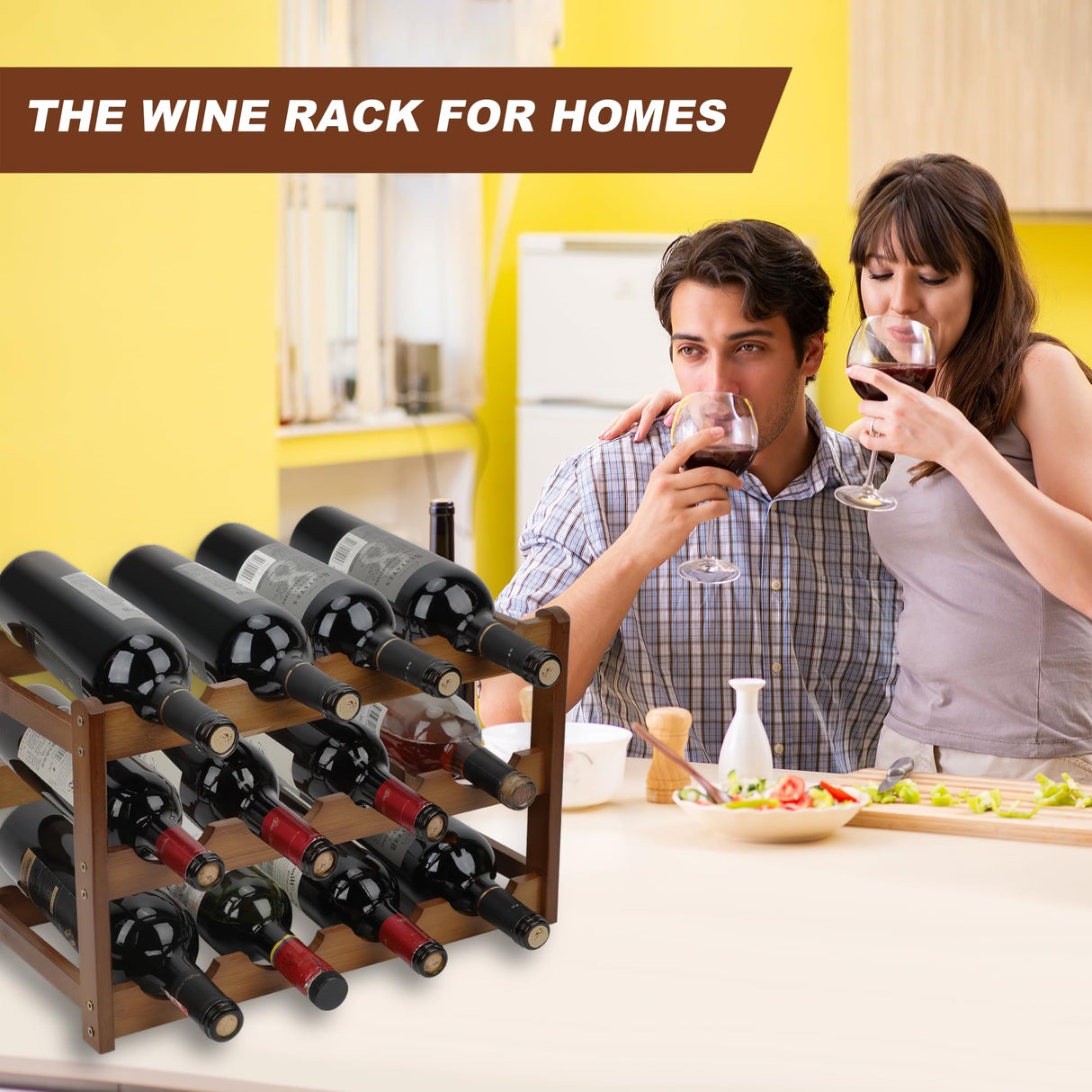 CAMOAT Bamboo Wine Rack,Wine Racks Countertop, Small Wine Rack Freestanding Floor,3 Tiers 12 Bottles Wine Rack,Sturdy and Durable Wine Rack Shelf for Cabinets Kitchen,Home Bar,Wine Storage CAMOAT