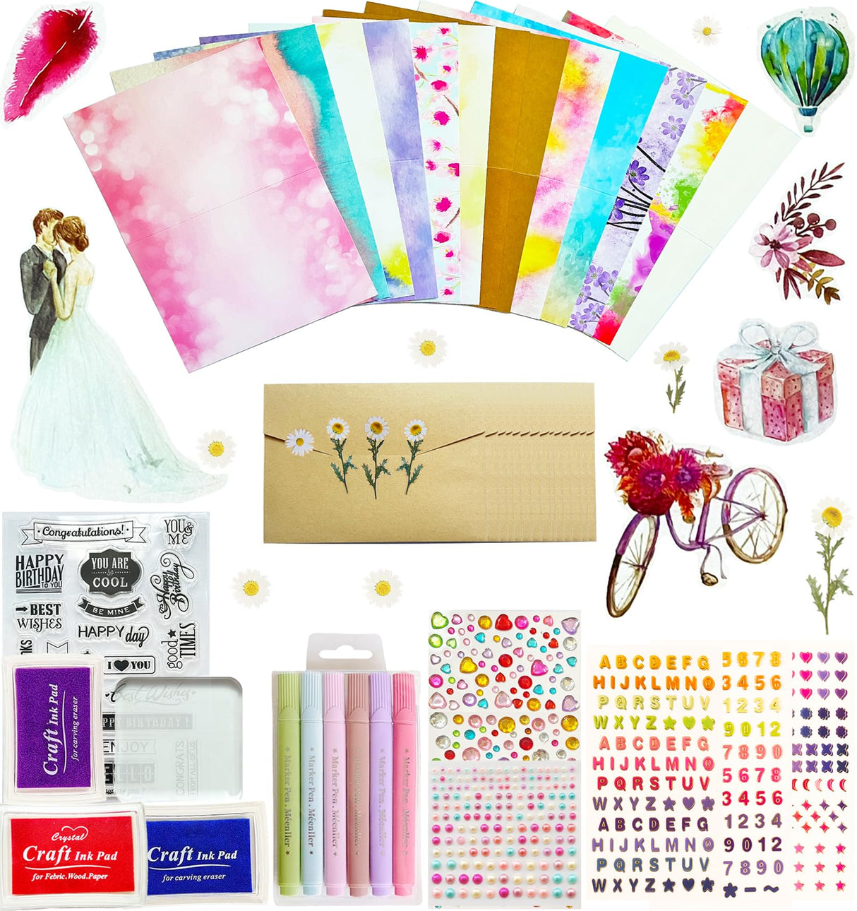 Card Making Supplies For Adults and Kids,Card Making Kits 14 Blank Greeting Cards and Envelopes with Colorpens and Stamp Set,DIY Greeting Card Set-Happy Birthday Mother's Day Thank You Christmas BOAJUNWU