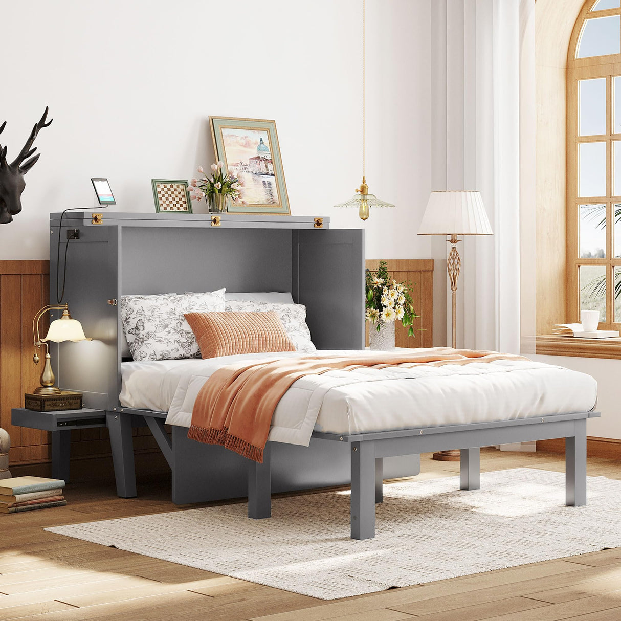 Ball & Cast Murphy Bed Full Szie,Cabinet Hideaway with USB Port and Removable Shelves,Wall Bed W/ 2 Movable Desks,can be Folded,Platform Bedframe for Kids Bedroom,Student Dorms,Gray Ball & Cast