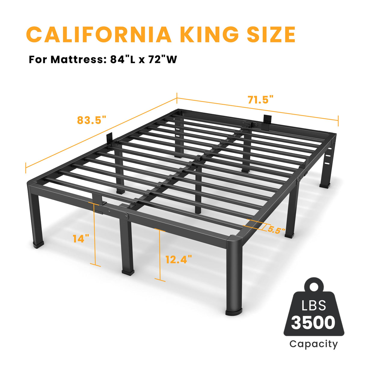 14 Inch California King Bed Frame, Metal Platform Bed Frame with Round Corner Legs, 3500 lbs Heavy Duty Steel Slats Support, No Box Spring Needed, Noise Free, Easy Assembly, Black Superay