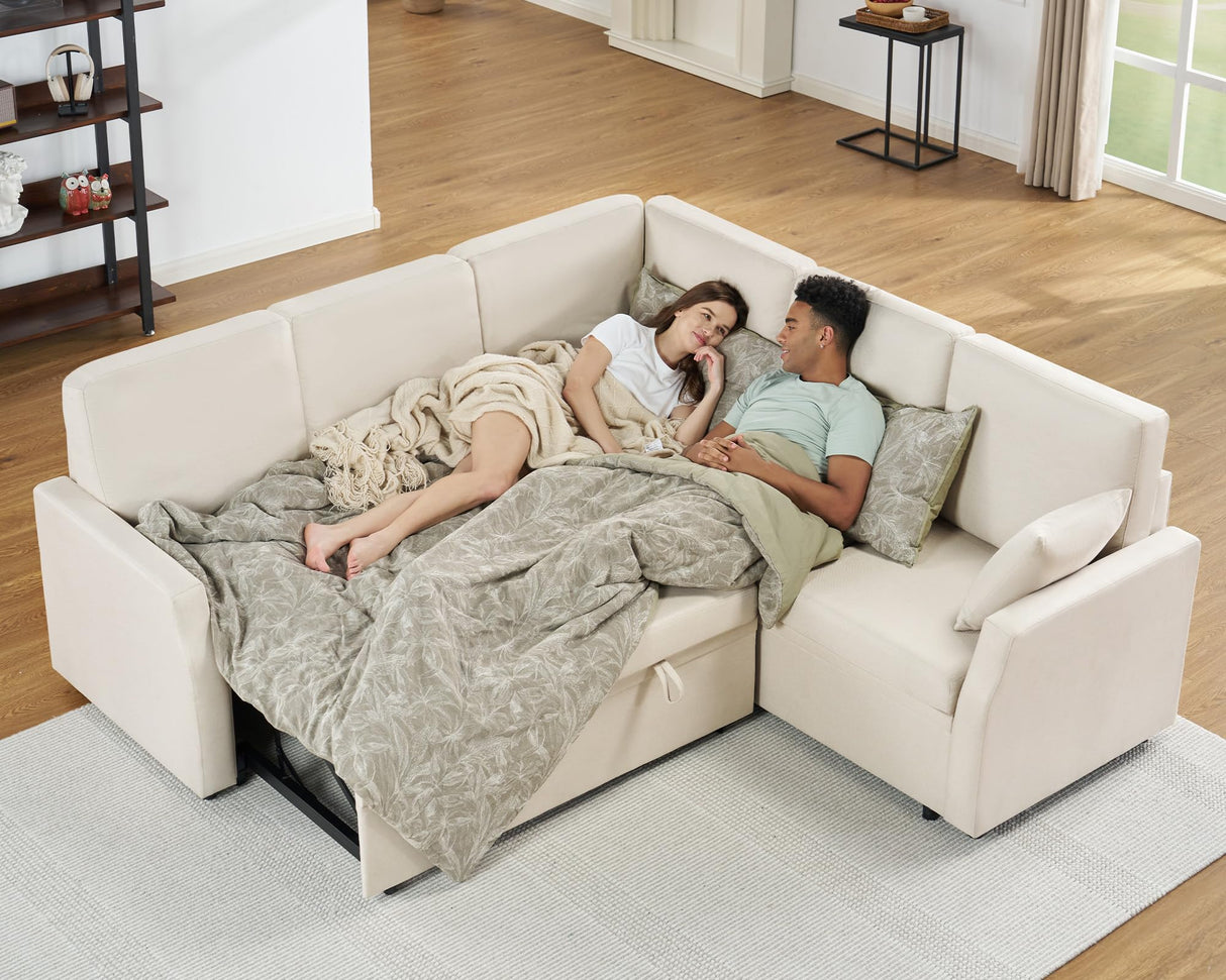 Jocisland Sofa Bed, 85 Inch Sleeper Sofa with Pull Out Bed & Storage Seat, Reversible L Shape Sectional Couch for Living Room Apartment, Beige Linen Oversized Sofa Jocisland