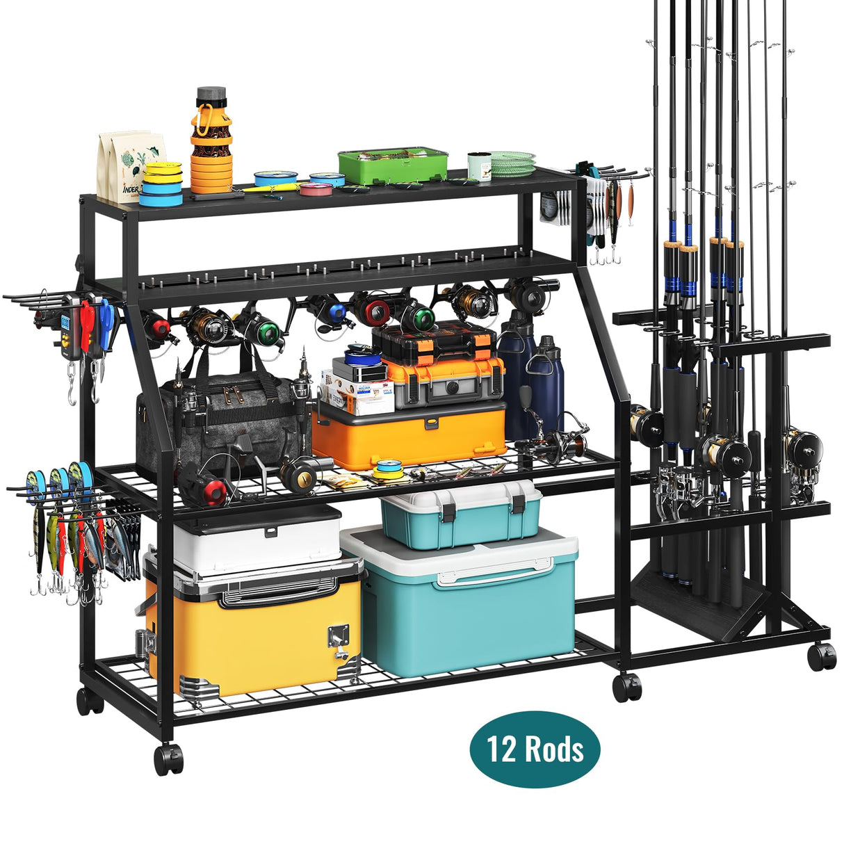TC-HOMENY Large Fishing Rod Holders for Garage Fits for 12 Rods, 4-Tier Fishing Pole Rack Cart with Enlarged Shelves, Fishing Gear Tackle Organizer Storage Cart with Wheels for Garage, Outdoor, Black TC-HOMENY