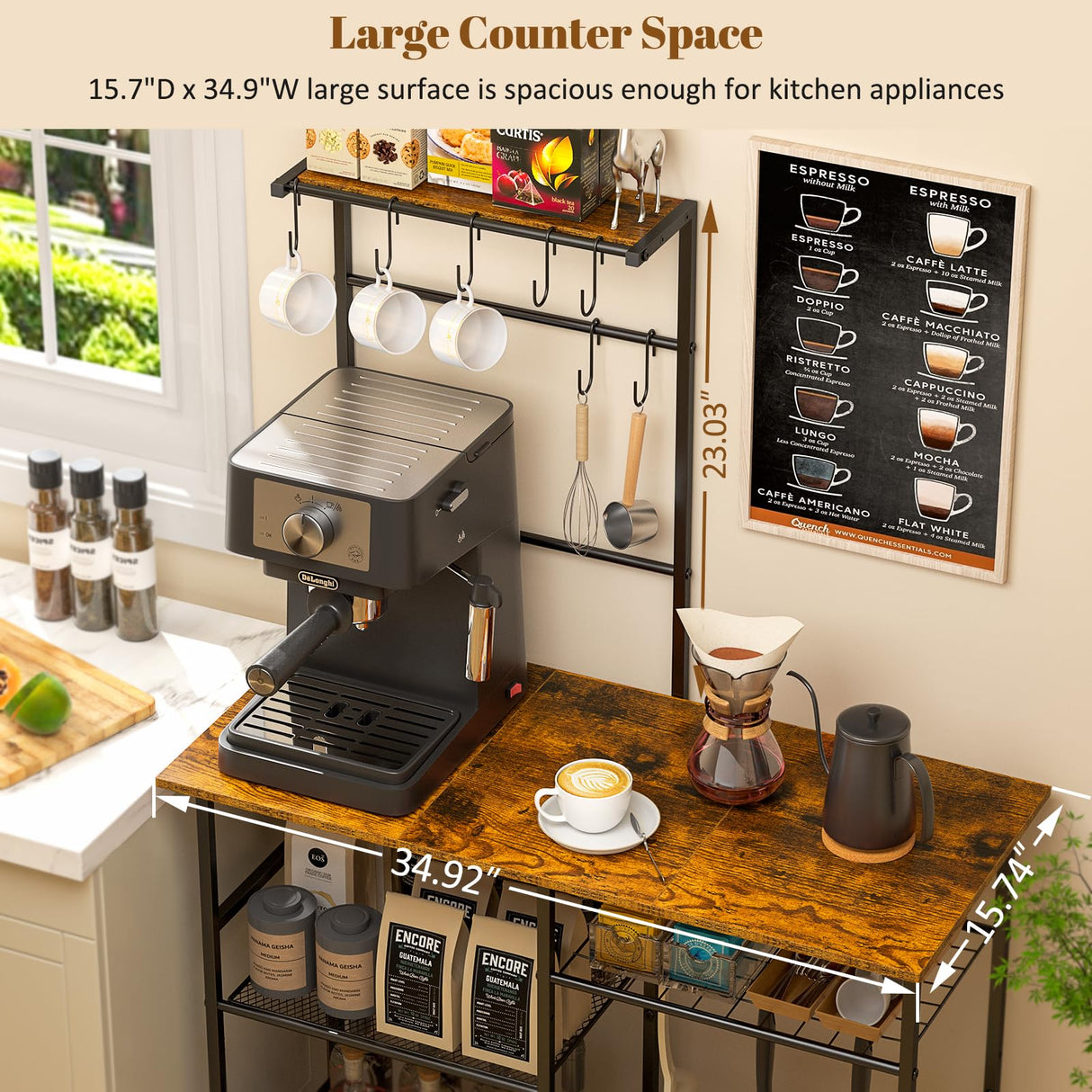 3IngSeagulls Baker's Rack for Kitchen with Storage, Microwave Stand with Adjustable Shelves, Kitchen Stand with 10 S Hooks, 6-Tier Coffee Bar Station, Kitchen Shelves for Spices, Pots, Rustic Brown 3IngSeagulls