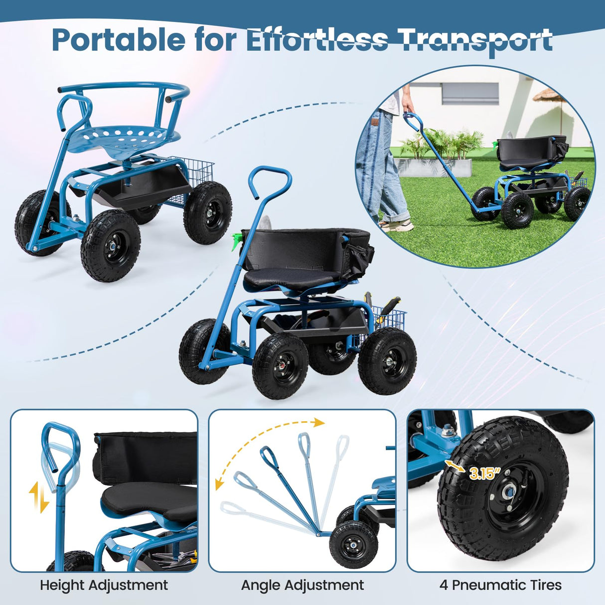 Goplus Garden Cart, Outdoor Rolling Garden Scooter W/Adjustable 360 Degree Swivel Seat, Tool Tray & Storage Basket, Extendable Handle, Yard Gardening Work Seat with Wheels, Blue Goplus