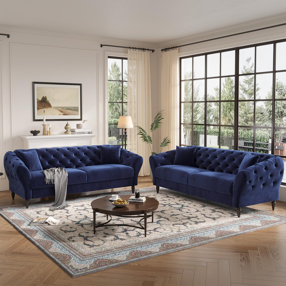 Fadware 81” Luxury Chesterfield Sofa, Velvet Loveseat with 2 Pillows& Retro Wooden Leg, Mid Century Modern 2-Seater Couch with Tufted Armrest& Back, Comfy Home Sofa for Living Room Bedroom Fadware