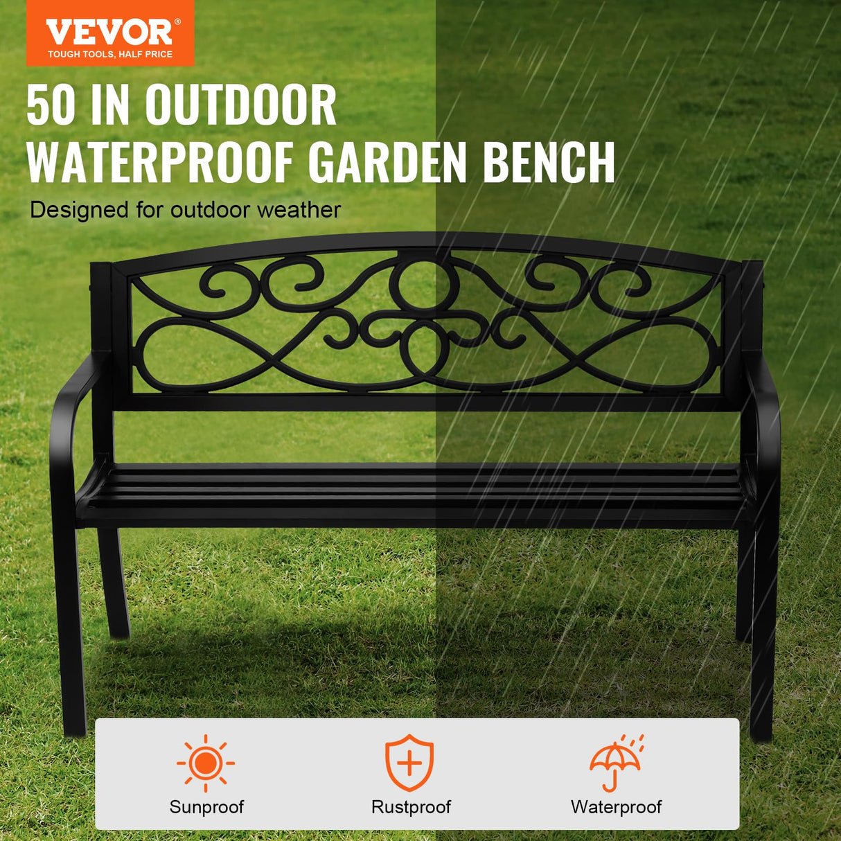 VEVOR Outdoor Bench, 50 inches Metal Garden Bench for Outdoors, 550 lbs Load Capacity Bench, Outdoor Garden Park Bench with Backrest and Armrests, Patio Bench for Garden, Park, Yard, Front Porch VEVOR
