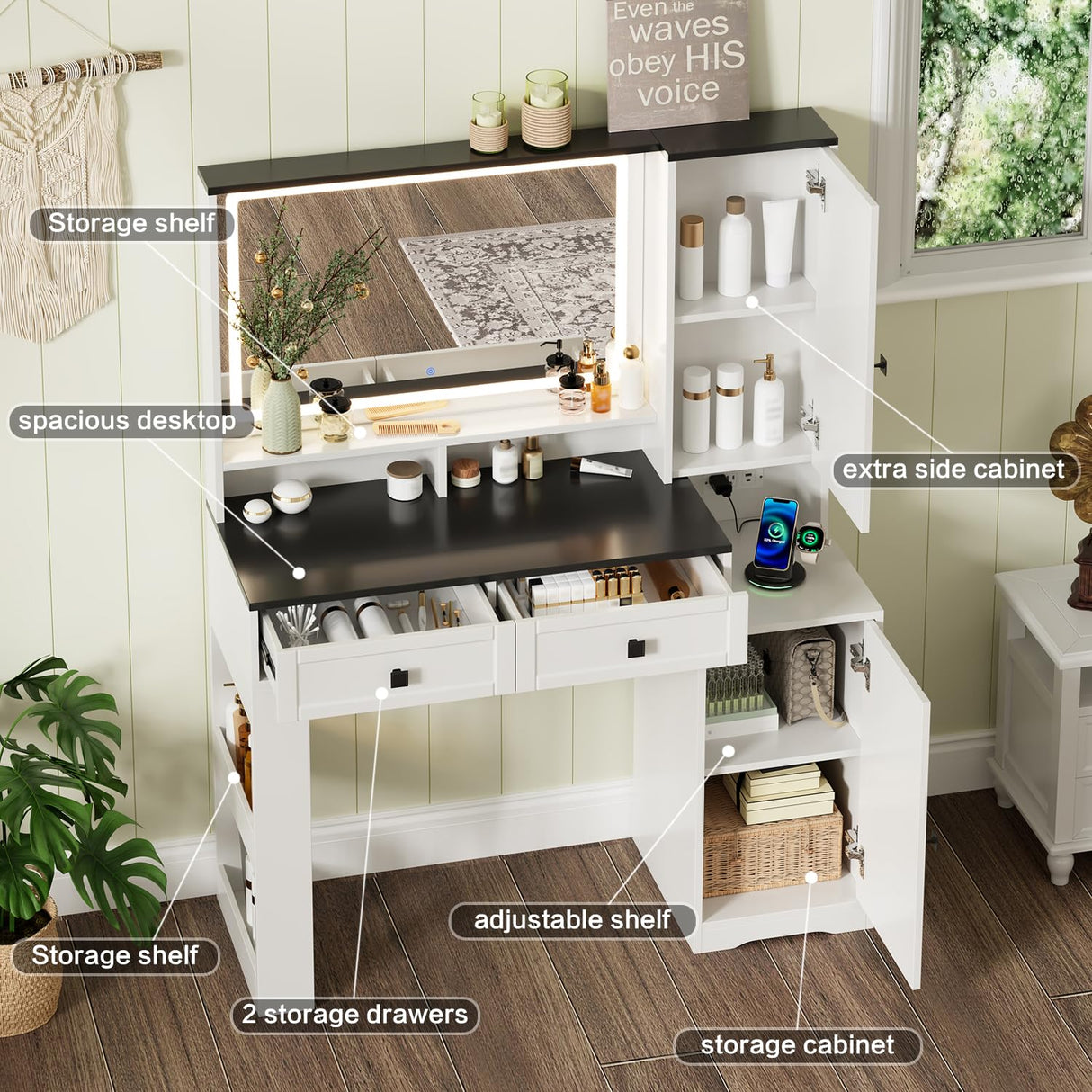 Ieejdn Farmhouse Makeup Vanity Desk with Mirror and Lights,Glass Top Vanity Desk with Power Outlet,Makeup Vanity with 2 Drawers & Storage Shelves,Rustic Vanity,Antique White+Black Ieejdn