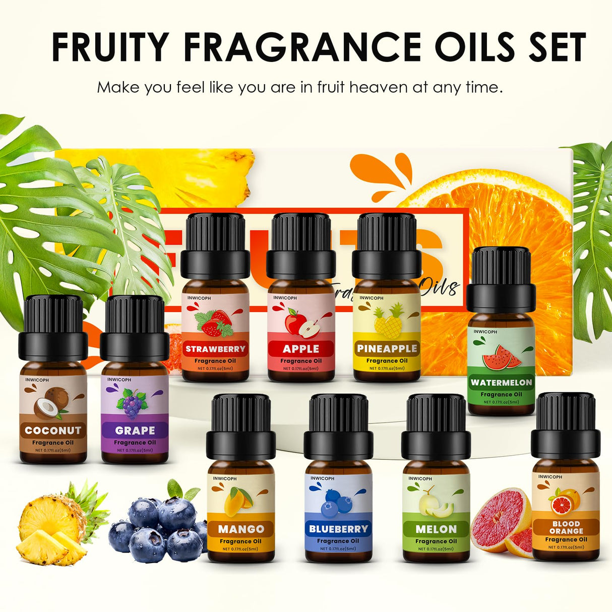 Fruity Fragrance Oil for Candle & Soap Making, INWICOPH Premium Essential Oils 5ml x 10 - Blueberry, Strawberry, Mango, Blood Orange, Essential Oil Diffusers for Home INWICOPH