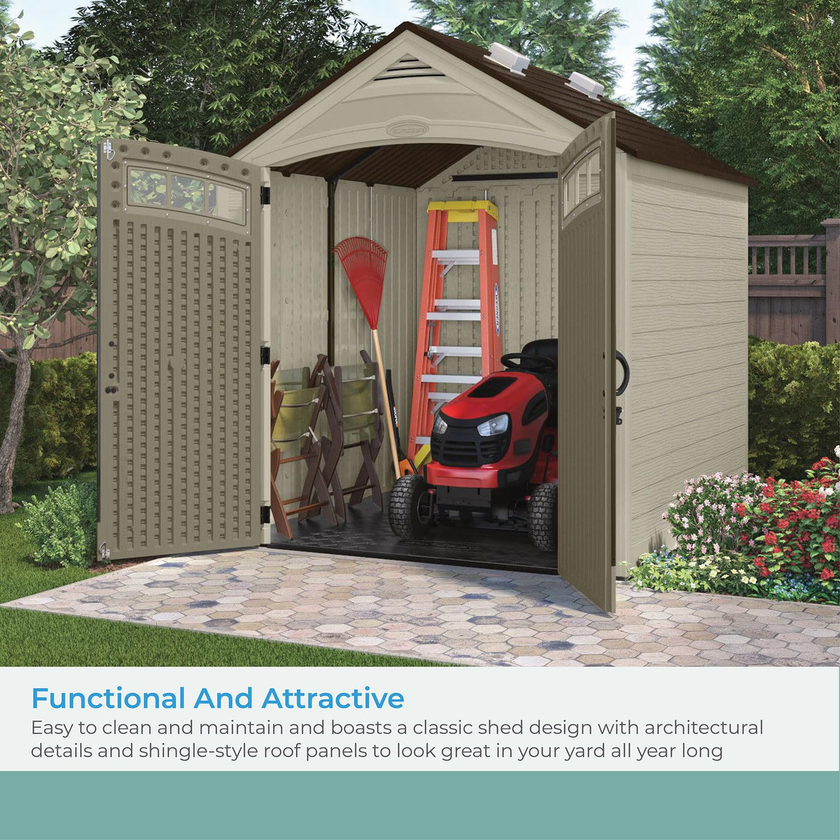 Suncast Vista 7x7 Storage Shed with Multi-Wall Resin Panels, 4 Skylights, IllumiVent System, and Pad-Lockable Doors, 84" D x 84" W x 98" H Suncast