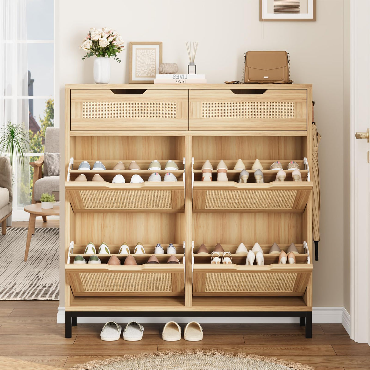 Jocoevol Rattan Shoe Cabinet Storage for Entryway - Hidden Shoes Storage with 4 Flip Drawers, Narrow Shoe Organizer Cabinet for Hallway, Foyer (Brown) Jocoevol