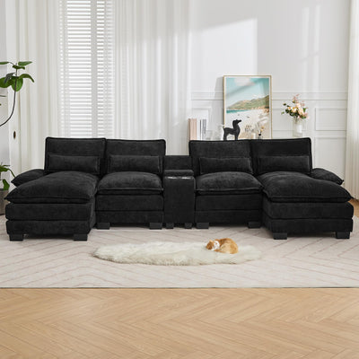 125'' U Shaped Cloud Modular Sofa with Chaise Lounges, Chenille Upholstered Comfy Sectional Couch with Storage Console, USB Charging Ports & Cup Holders, Modern Deep Seat Sofa for Living Room, Black