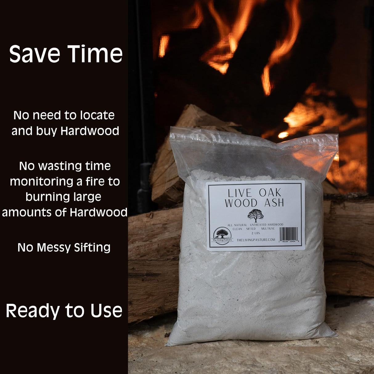 Live Oak Wood Ash - All Natural Clean Sifted Premium MultiUse Hardwood Ashes (2 lbs) The Living Pasture