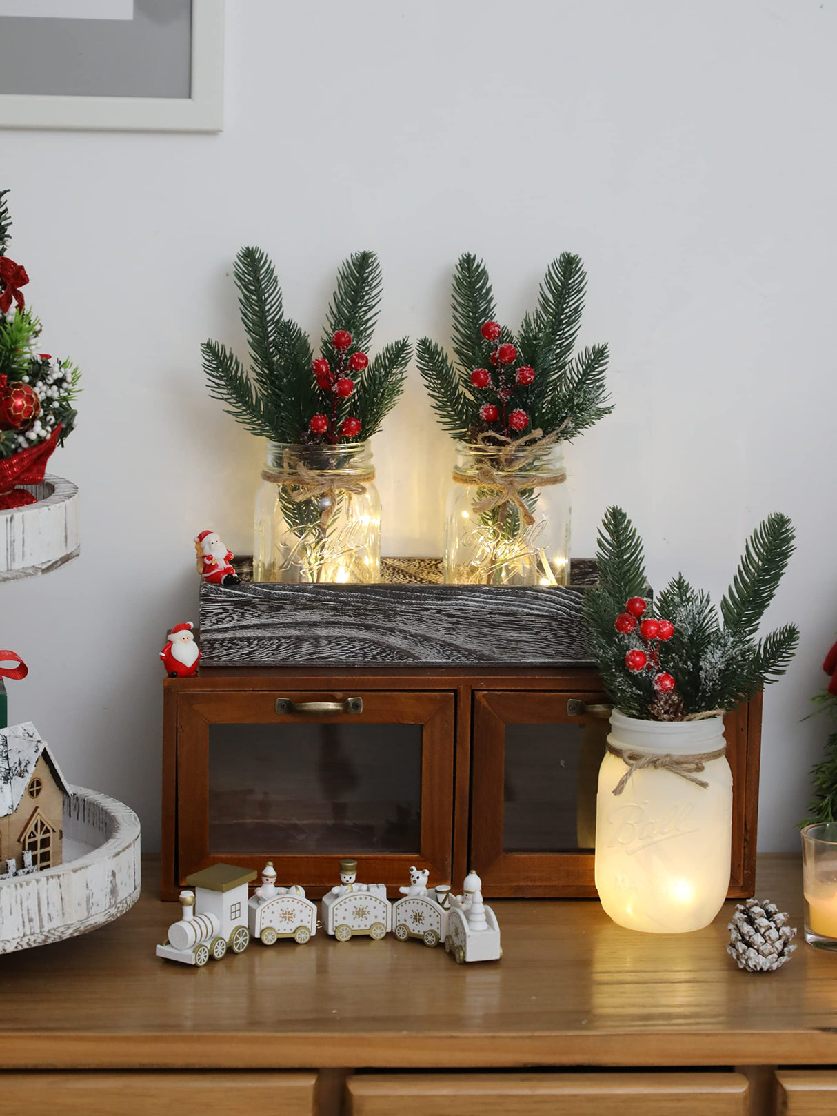 Christmas Mason Jar Centerpiece for Table with LED Lights & Artificial Plants, Set of 3 Farmhouse Decorative Mason Jars for Christmas Home Decor, Winter Kitchen Dining Table Centerpiece Maracco