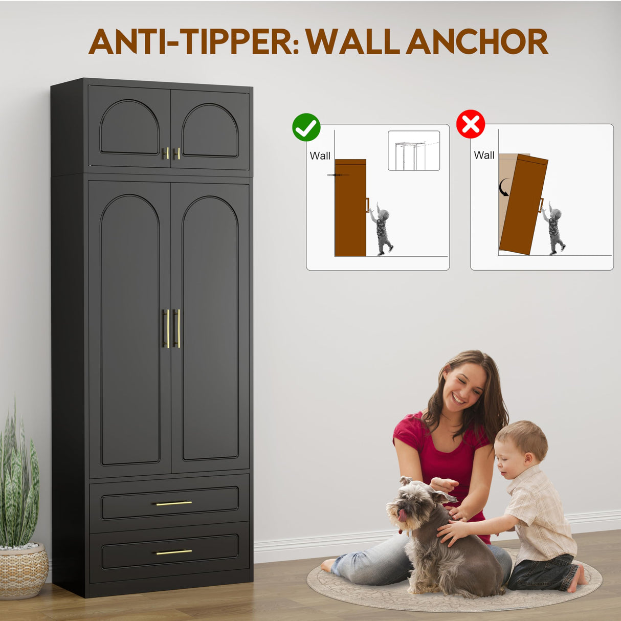 UNICOLY 86" Wardrobe with Drawers, 71'' Armoire Wardrobe Closet with 15" Cabinet, Metal Clothes Storage Cabinet with Hanging Rod, for Bedroom School, Employee, Gym, Assembly Required, Black UNICOLY