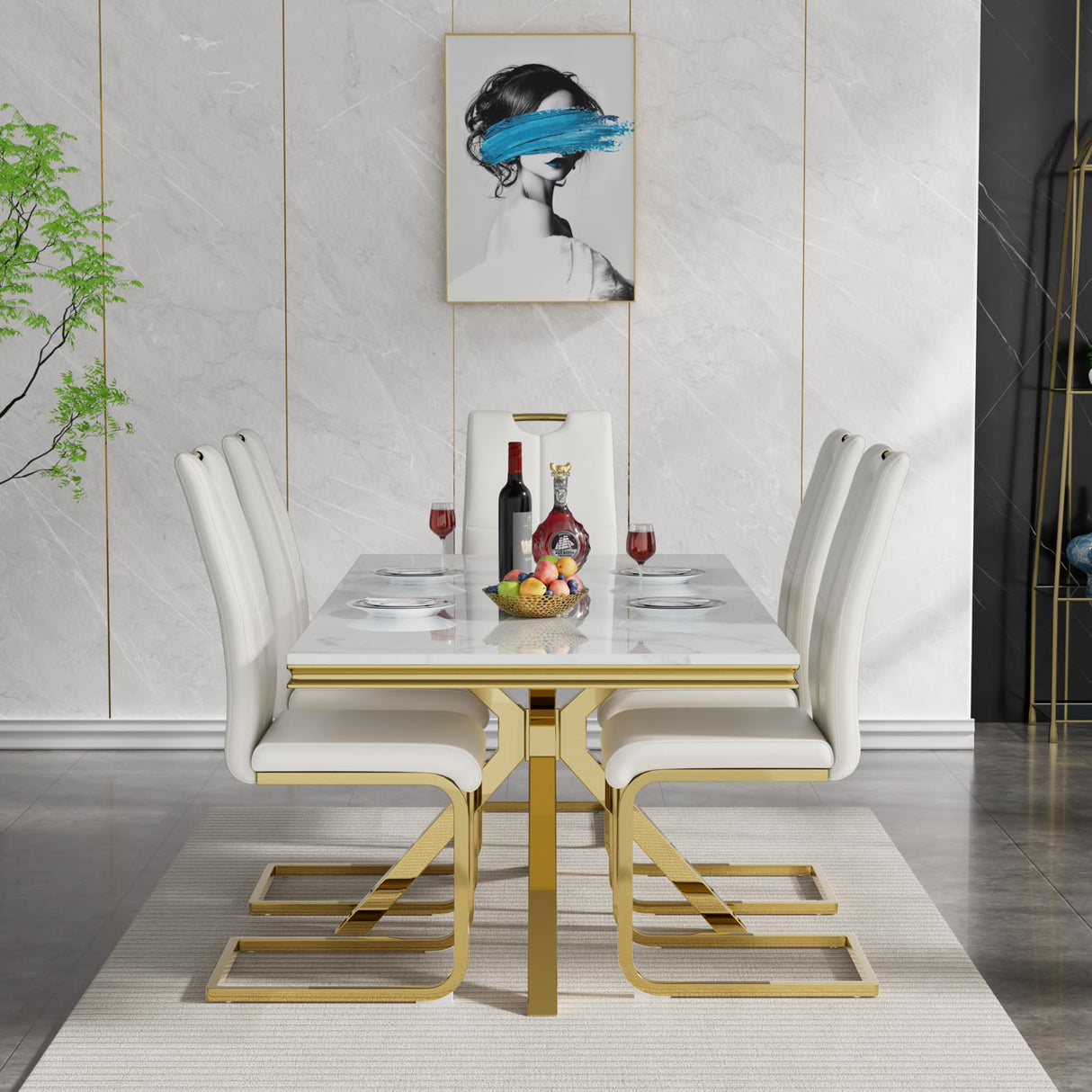 9 Piece Dining Table Set with 8 PU Leather Dining Chairs,70in Faux White Marble Dining Table Set with Stainless Steel Legs,Luxury Gold Dining Room Table Set for 8, Kitchen Table and Chair Set for 8 Henf