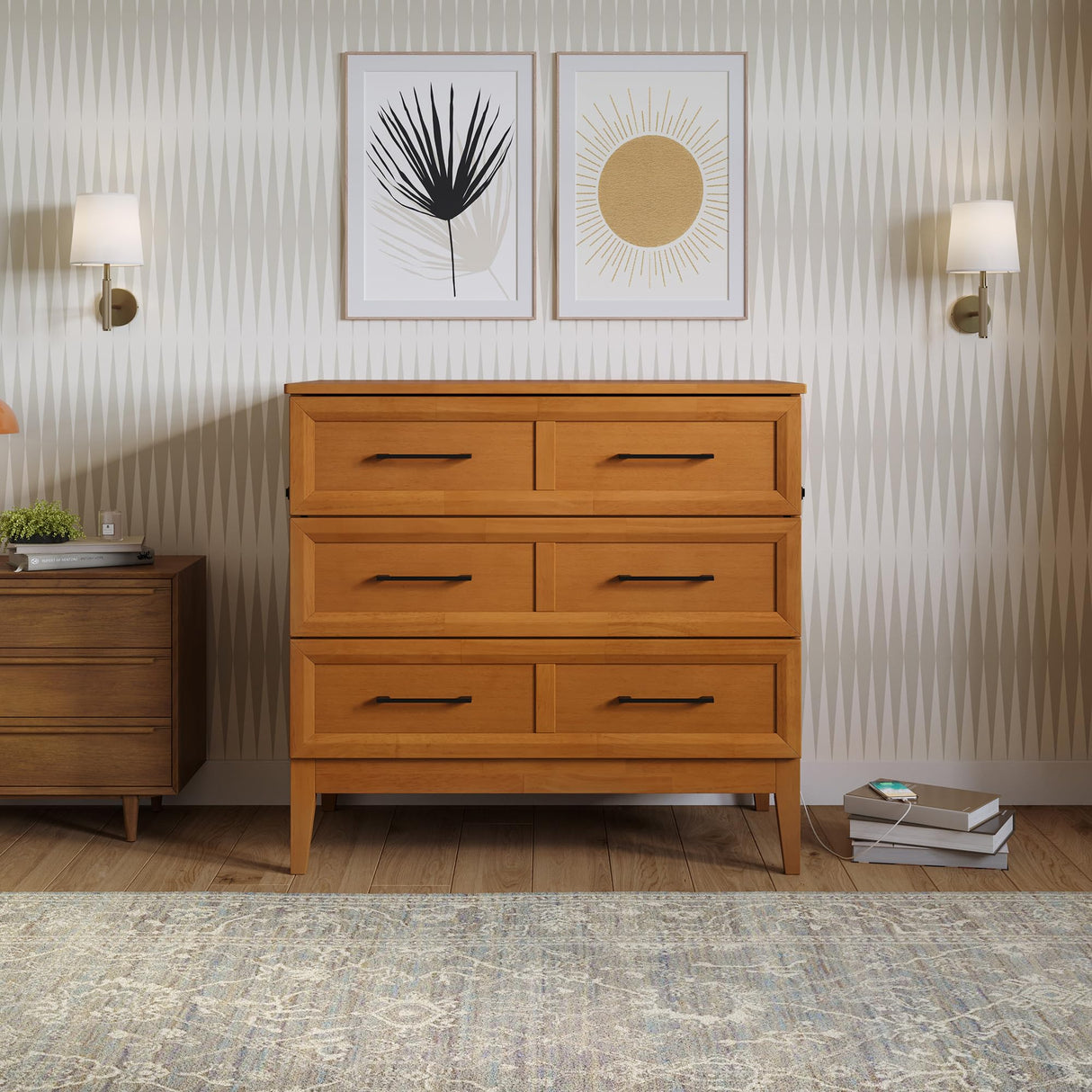 AFI, Santa Fe Twin Murphy Bed Chest with 6" Mattress & Built-in USB Charger, Light Toffee AFI