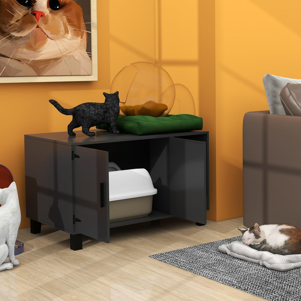 TaoHFE Litter Box Enclosure Cat Litter Box Furniture Hidden with Cat Scratch Pad Decorative Farmhouse Wooden Hidden Litter Box Cat House Litterbox Furniture Cat Box Furniture Litter Box Cabinet Black TaoHFE