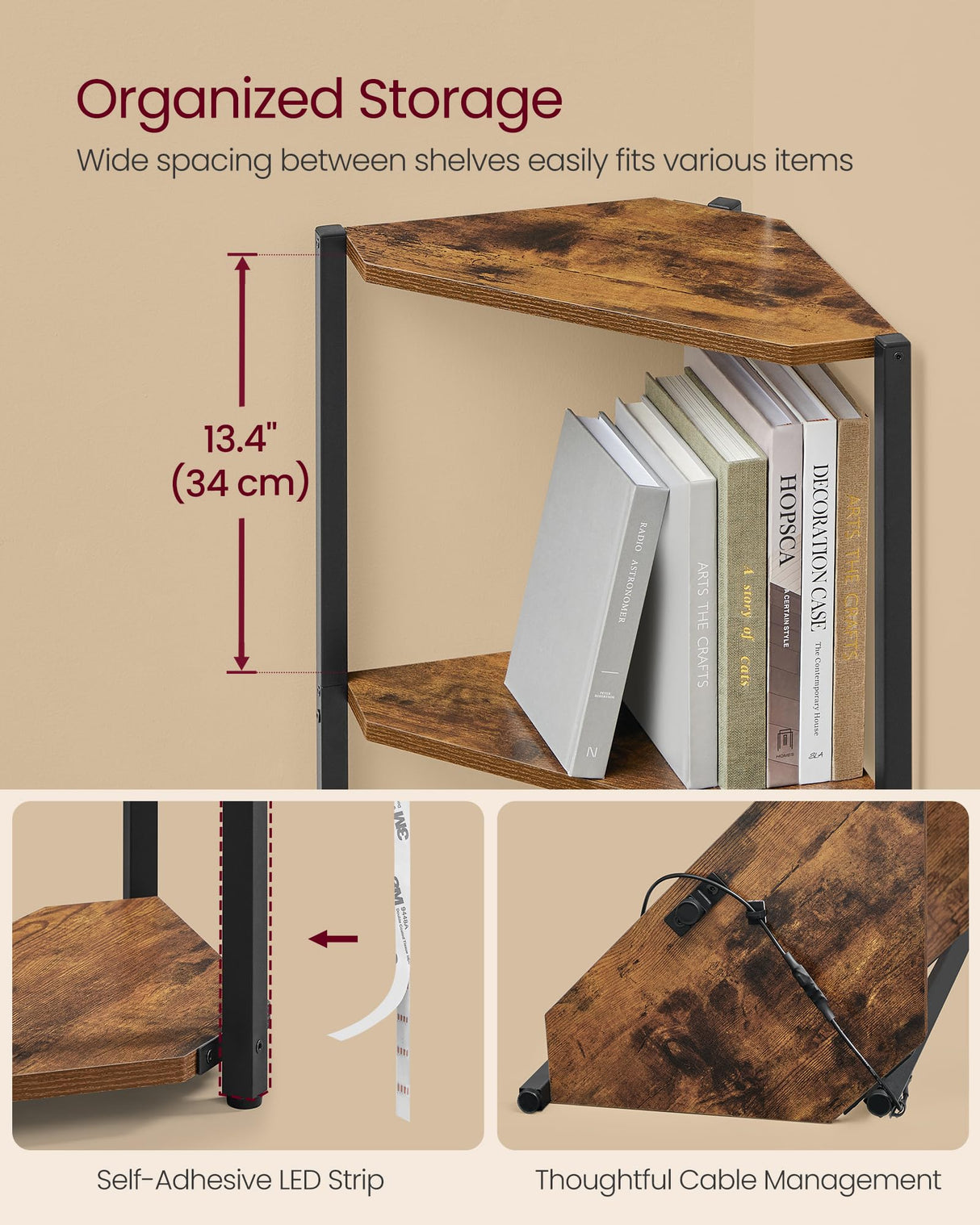 VASAGLE Corner Shelf Stand with LED Lights, 5-Tier Corner Bookshelf, Storage Shelf with Steel Frame, 9.8 x 18.9 x 57.7 Inches, for Living Room, Bedroom, Study, Rustic Brown ULBC590K01 VASAGLE