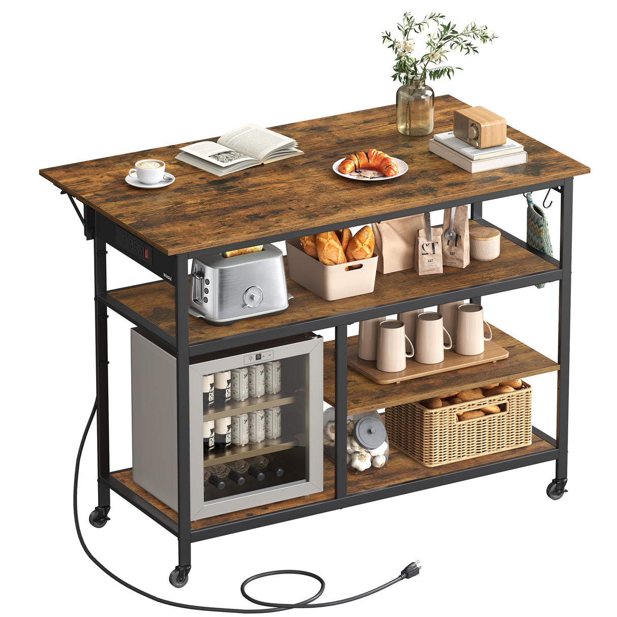 VASAGLE Kitchen Island with Drop Leaf, 47.2" Width Rolling Kitchen Cart with Power Strip, Extendable Worktop, Workbench,Pegboard, Adjustable Shelf, Rustic Brown and Ink Black UKKI013K01 VASAGLE