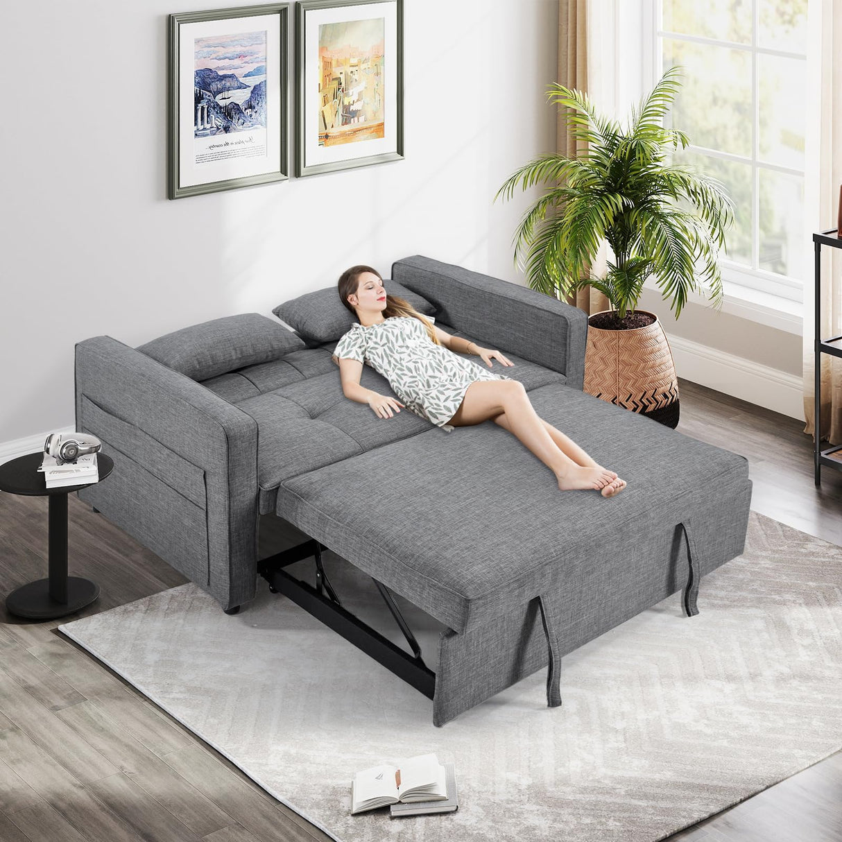 HAOMARKETS 3 in 1 Convertible Sleeper Sofa Bed, Loveseat Chaise Lounge with Pullout Bed, 2-Seater Futon Couches with Storage Pockets, 3-Level Adjustable Backrest and Pillows for Living Room,Grey HAOMARKETS