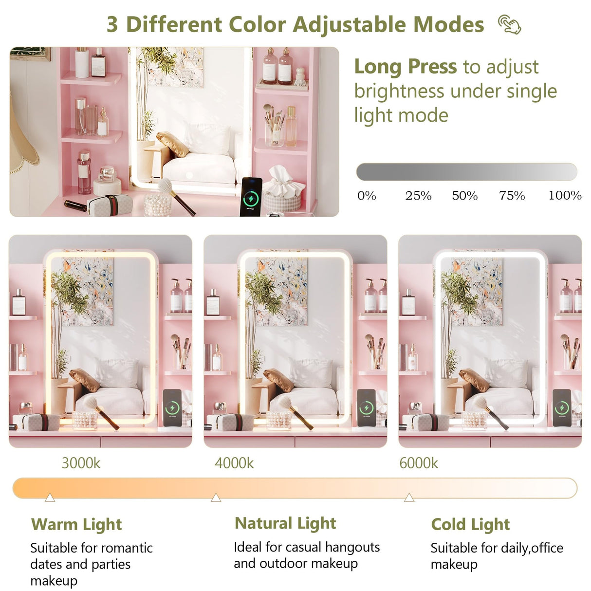 Small Vanity Desk with Mirror and Lights, Makeup Vanity with LED Lights, Pink Vanity Mirror with Lights Desk and Chair, 3 Lighting Adjustable Compact Vanity Mirror with Lights for Women, Girls HUANLEGO