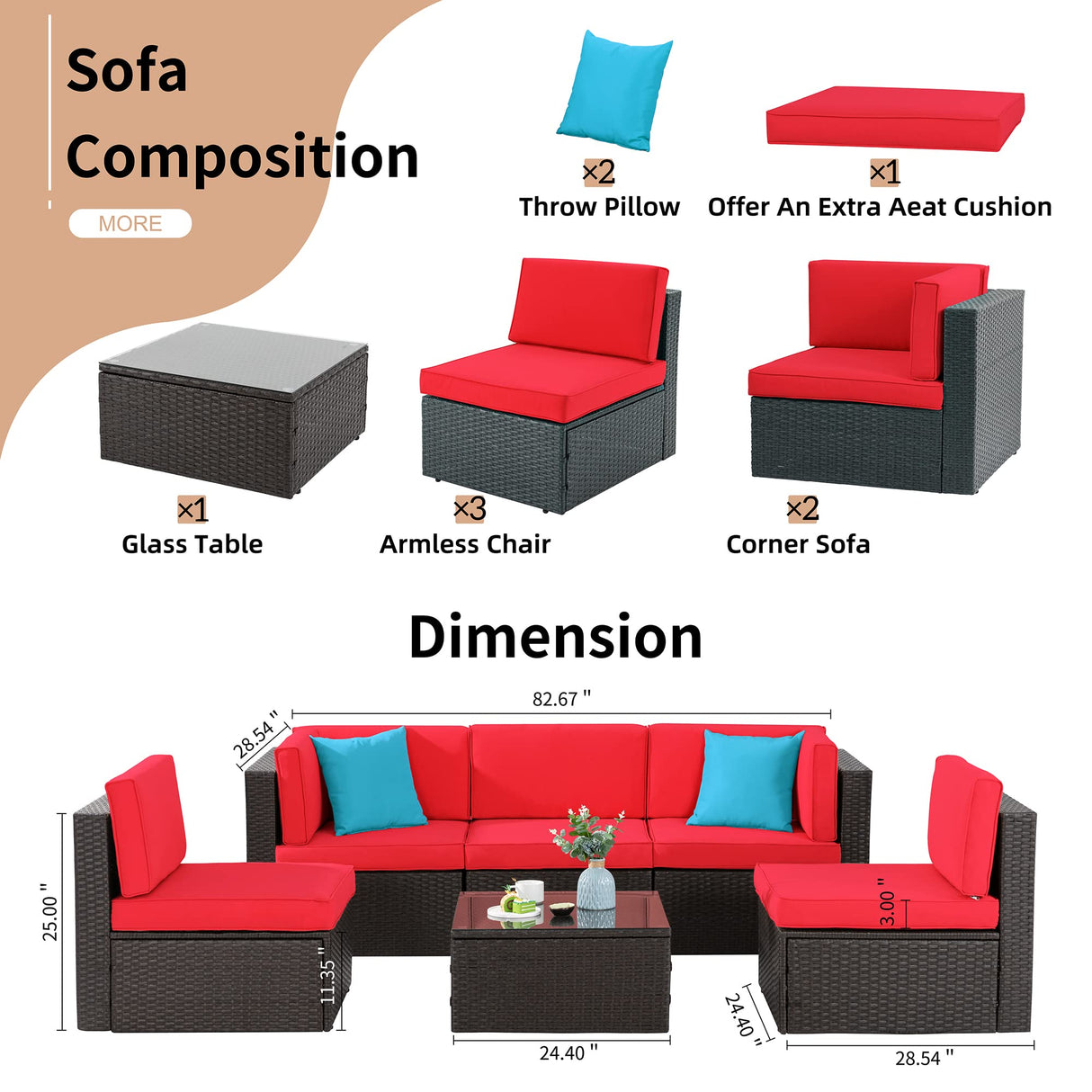 Shintenchi 6 Pieces Patio Furniture Sets Outdoor All-Weather Sectional Patio Sofa Set PE Rattan Manual Weaving Wicker Patio Conversation Set with Glass Table & Ottoman Cushion and Red Pillows, Red Shintenchi
