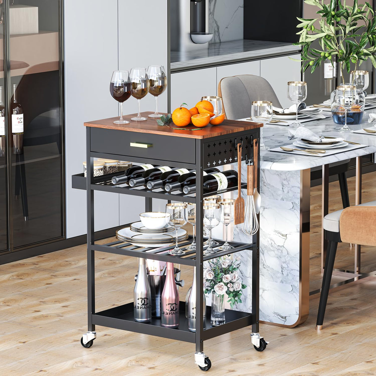 TOOLF Kitchen Island Cart with Drawer, Rolling Kitchen Service Cart with Wooden Tabletop, 3-Tier Storage Cart on Wheels, Storage Trolley Cart with Hooks for Kitchen, Dining Room TOOLF