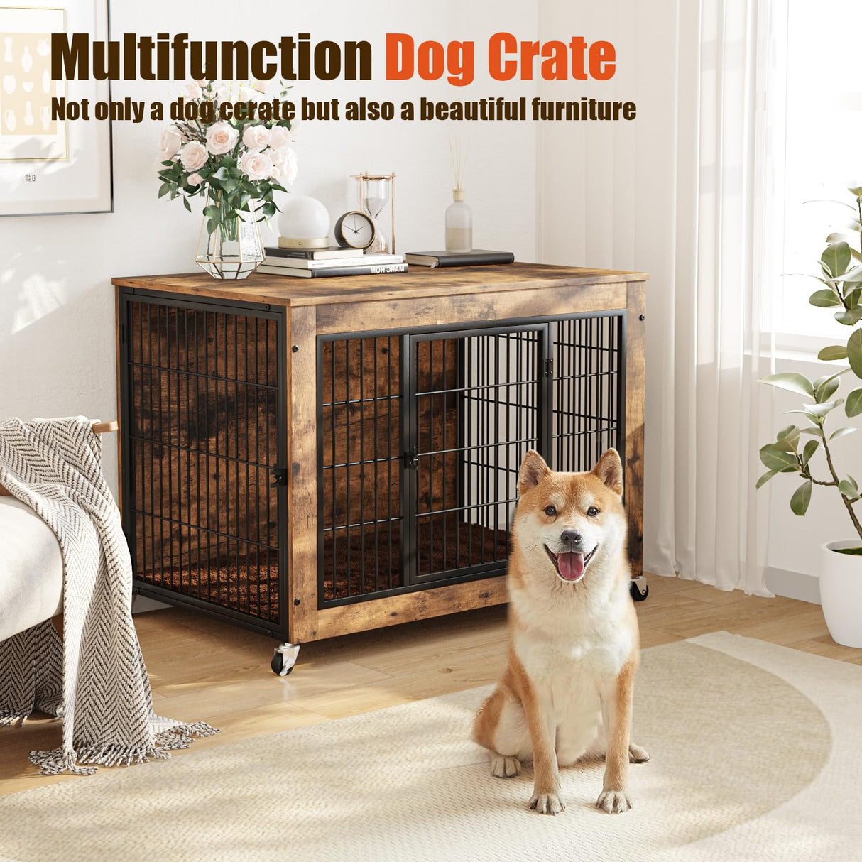LEMBERI 32 Inch Dog Crate Furniture with Cushion, Wooden Double Doors Dog Kennel Cage Indoor with Wheels, Pet House Decorative Side End Table for Small Medium Dogs, Rustic Brown LEMBERI