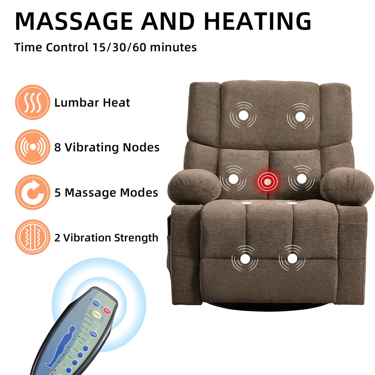 IOMOR Power Recliner Chair with Massage and Heating, 360° Swivel Rocker Glider Chair for Adults, Upholstered Fabric Reclining with Side Pockets and Cup Holder for Living Room, Nursery (1, Brown) IOMOR