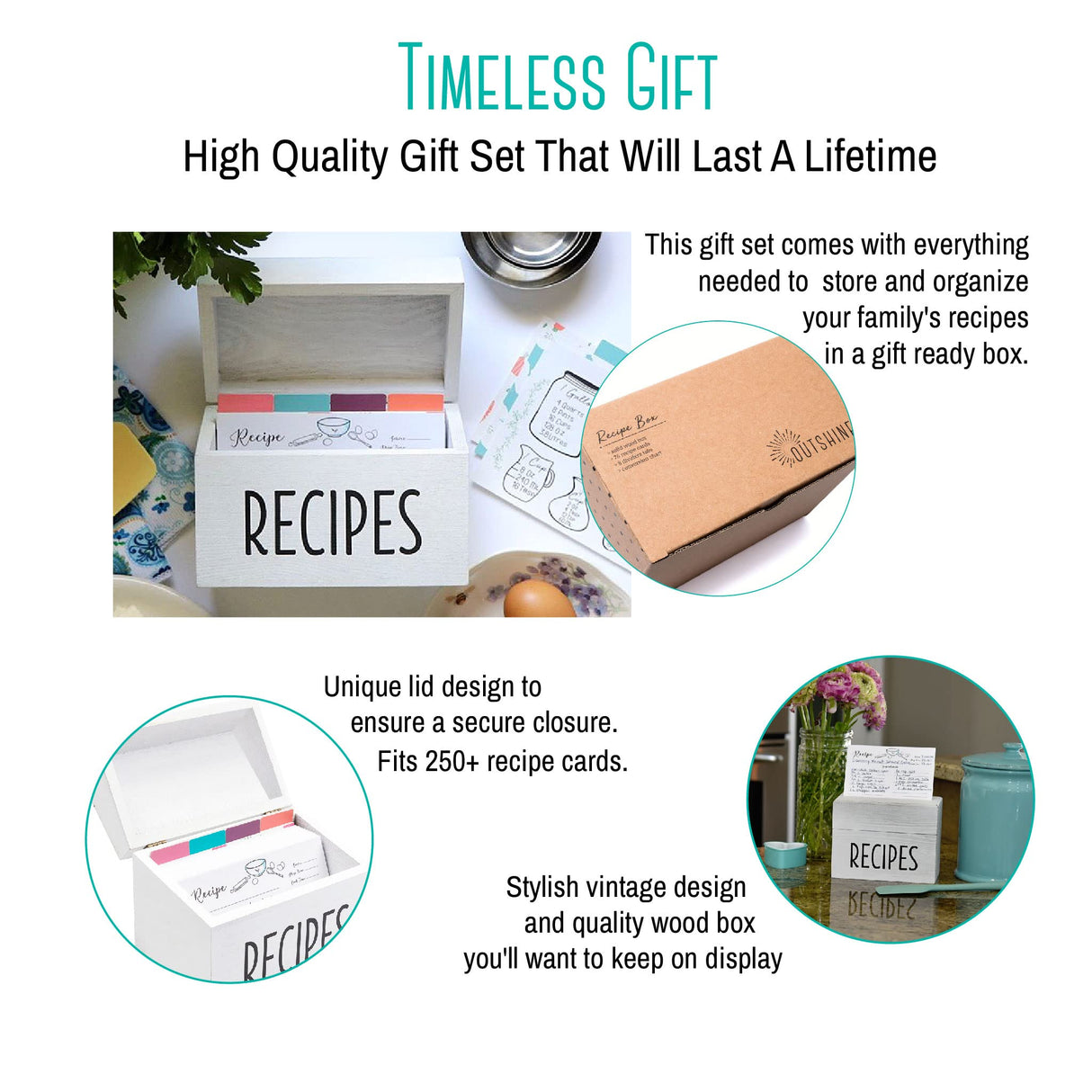 OUTSHINE White Wooden Large Recipe Box with Cards and Dividers | Farmhouse Wood Recipe Box 4x6 Recipe Cards and Box Set | Recipe Box Dividers|White recipe box personalized| Recipe box set OUTSHINE