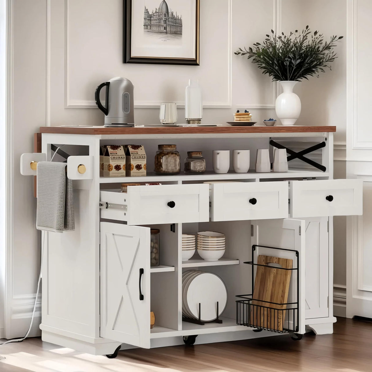 Ball & Cast Farmhouse Kitchen Island with Drape of Beads & Power Outlet, Rolling Kitchen Cart on 5 Wheels, 3 Drawers, Internal Iron Shelf & Towel Rack, for Kitchen & Dining Room, White Ball & Cast