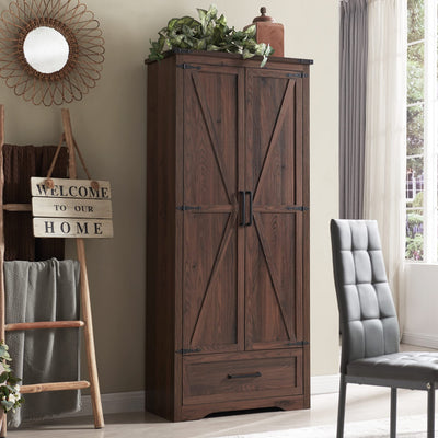 Farmhouse Style 72" Tall Storage Cabinet with Adjustable Shelves, Drawer & Barn Doors in Antique Brown