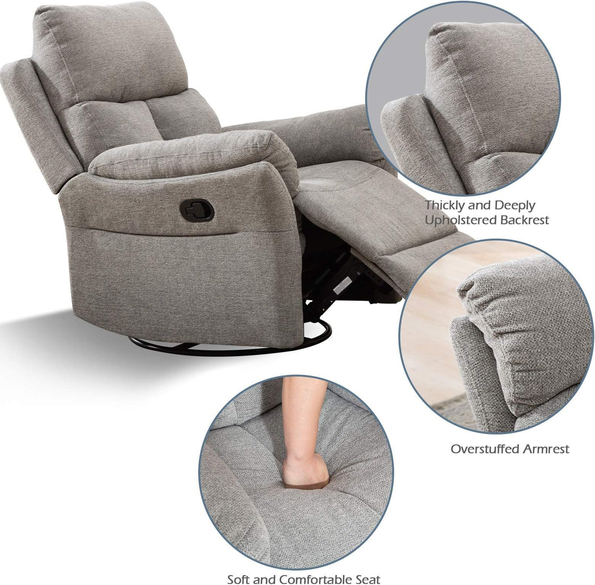 ANJ Swivel Rocker Recliner Chair, Manual Fabric Glider Nursery Recliner Chair, Single Rocking Modern Sofa Home Theater Seating for Living Room, Nursery (Silver) ANJ