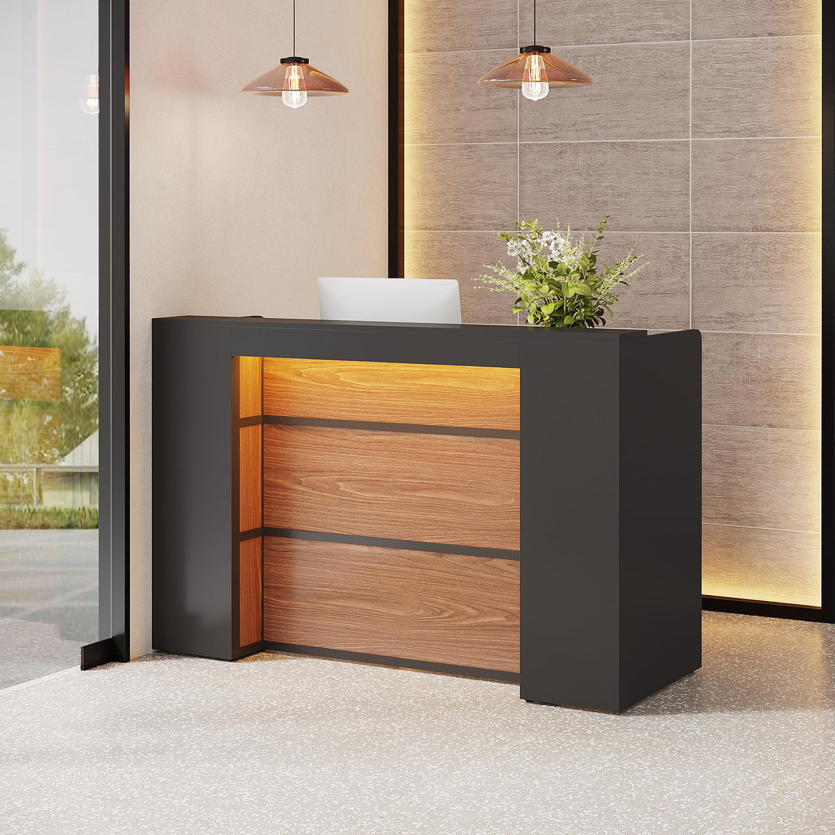 Tribesigns Reception Desk with LED Lights, 63 Inches Front Counter Desk for Checkout, Lobby, Salon, Retail, Modern Large Counter Table for Store Shop Clinic Office (Black&Brown) Tribesigns