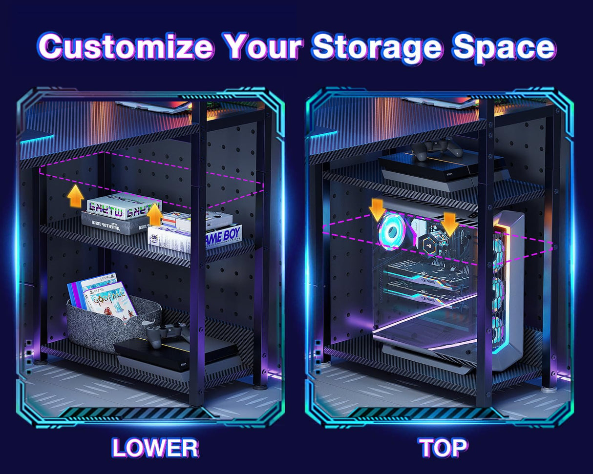 ODK Reversible Gaming Desk with Power Outlets and LED Lights, 48 Inch Computer Desk with Storage Shelves and Monitor Stand, Modern Writing Study Desk for Home Office, Carbon Fiber Black ODK