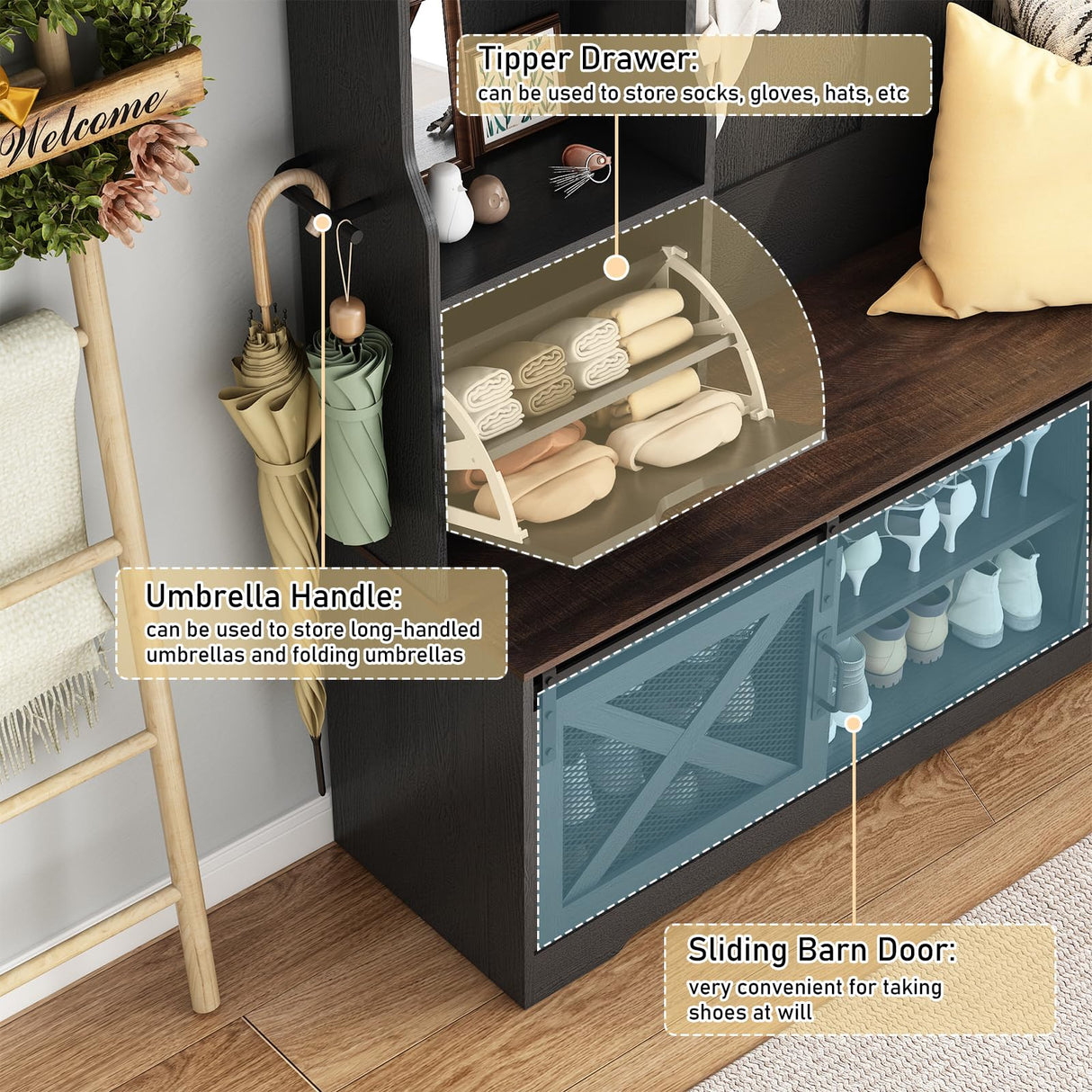 75''H LED Farmhouse Hall Tree with Bench and Shoe Storage,Entryway Bench with Coat Rack,16 Shoe Cubbies & Umbrella Holder and Sock Storage Drawer,Mudroom/Hallway Storages Cabinet(black) chartustriable