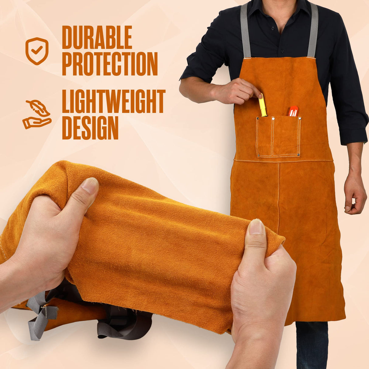 Houseables Leather Welding Apron, Fire Resistant Welder Smock, 23 x 35 Inch, Large, 2 Pockets, Kevlar Stitching, Safety Accessory For Blacksmithing, Carpentry, Torch Work, Roofing, Woodworking, Garage Houseables
