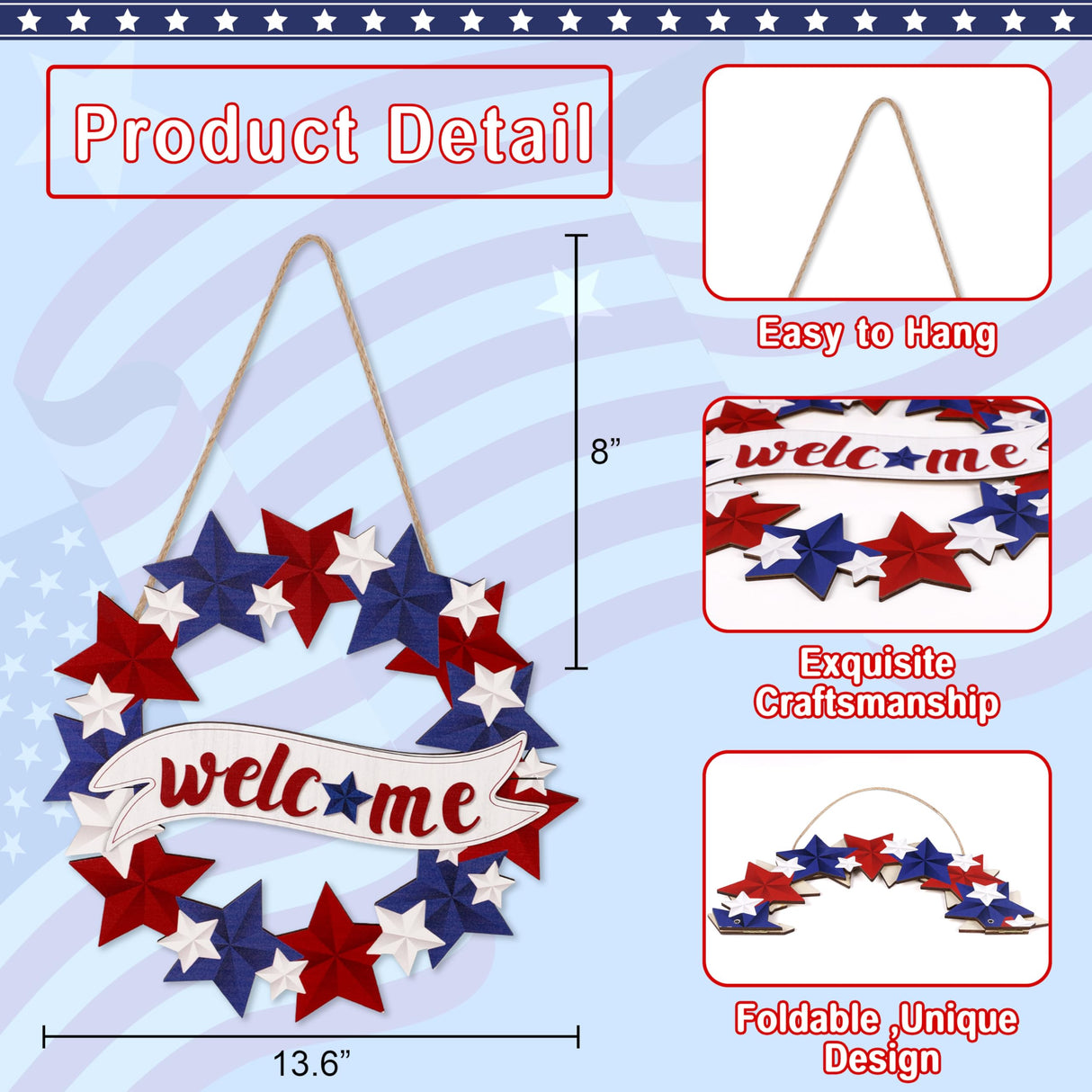 4th/Fourth of July Decorations Welcome Wreath for Front Door - Wooden Red White and Blue Star Sign, Patriotic Memorial Day Porch Home Wall Outside Decor 80UncleKimby