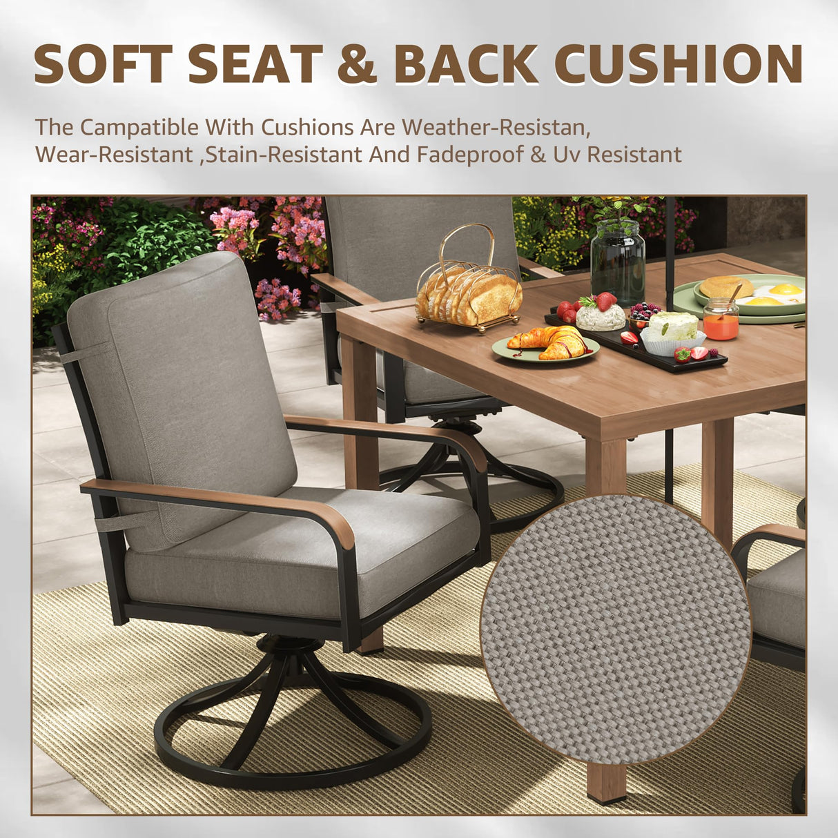 NATURAL EXPRESSIONS 5 Piece Outdoor Patio Dining Sets, 4pcs Swivel Dining Chairs & Square Woodgrain Dining Table with 1.65”Umbrella Hole for Lawn, Garden, Deck, Backyard and Porch NATURAL EXPRESSIONS