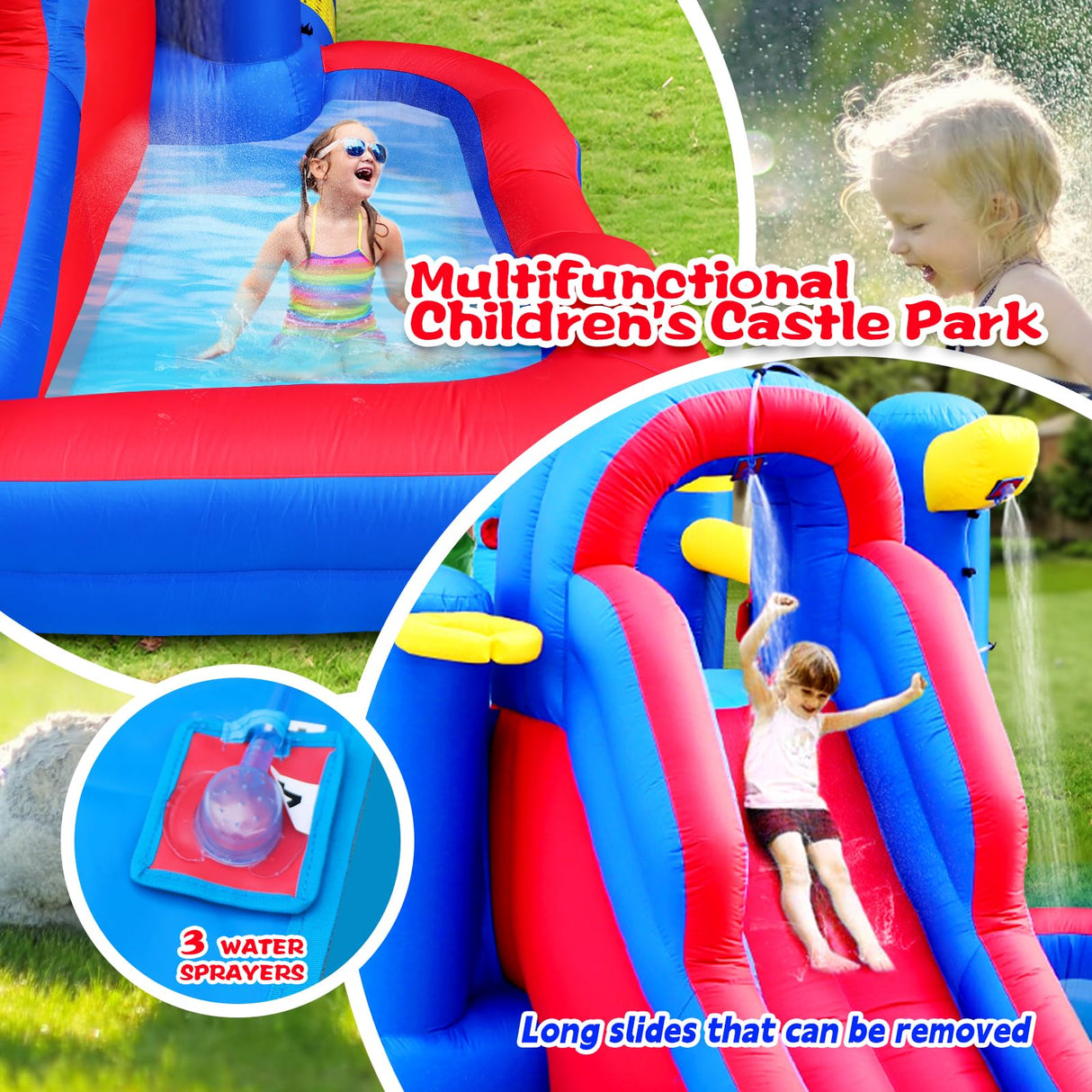 WELLFUNTIME Inflatable Water Slide Park with Large Climbing Wall, Dual Target, Deep Pool and Basketball Rock, Bounce House with Air Blower WELLFUNTIME