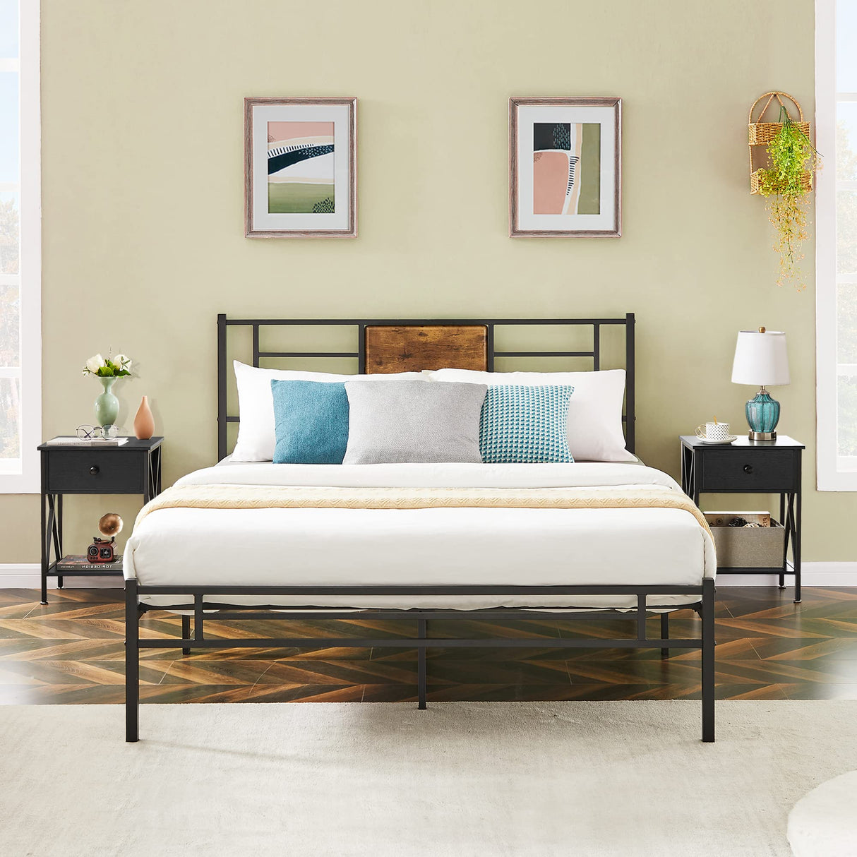 VECELO Nightstands Set of 2, Modern Bedside End Tables, Night Stands with Drawer and Storage Shelf for Living Room Bedroom, Industrial Metal Frame VECELO