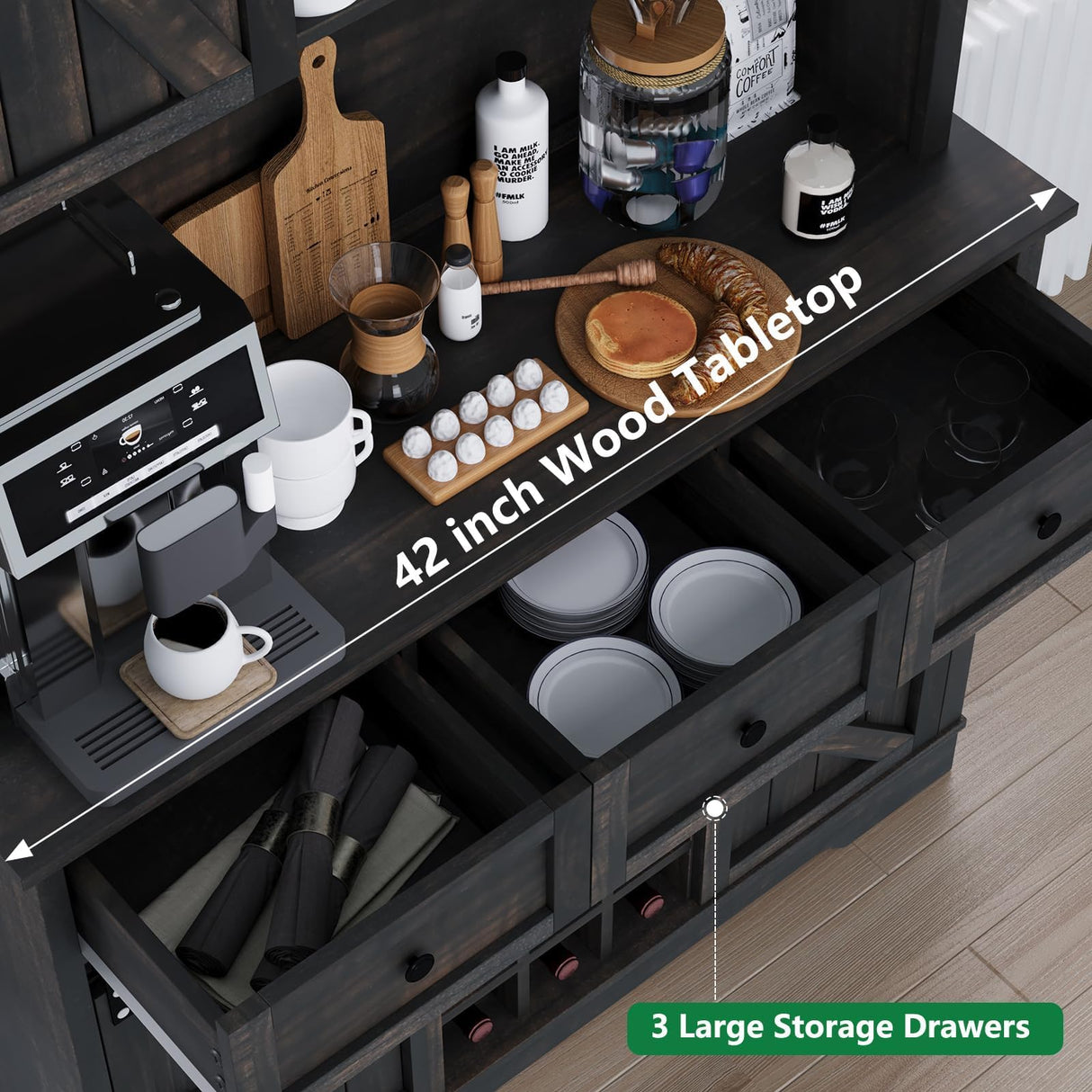 Kitchen Pantry Cabinet with Storage, 72'' Buffet Cabinet with Sliding Barn Doors, Farmhouse Coffee Bar Cabinet with 3 Drawers, Kitchen Pantry with Storage & Wine Rack for Dining Room, Dark Rustic Oak 4 EVER WINNER