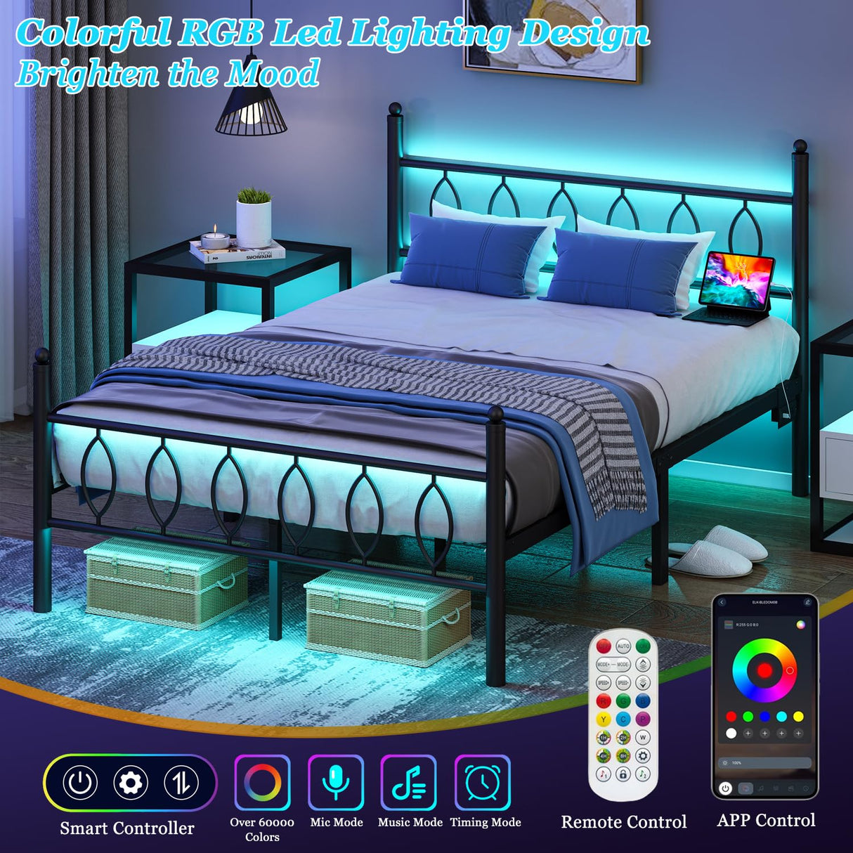 Samurbex Full Size Bed Frame with Headboard,Black Metal Platform Bed Frame Full Size with Charging Station & LED Lights,12-Inch Under Bed Storage,No Box Spring Needed,Noise Free,Easy to Assemble Samurbex