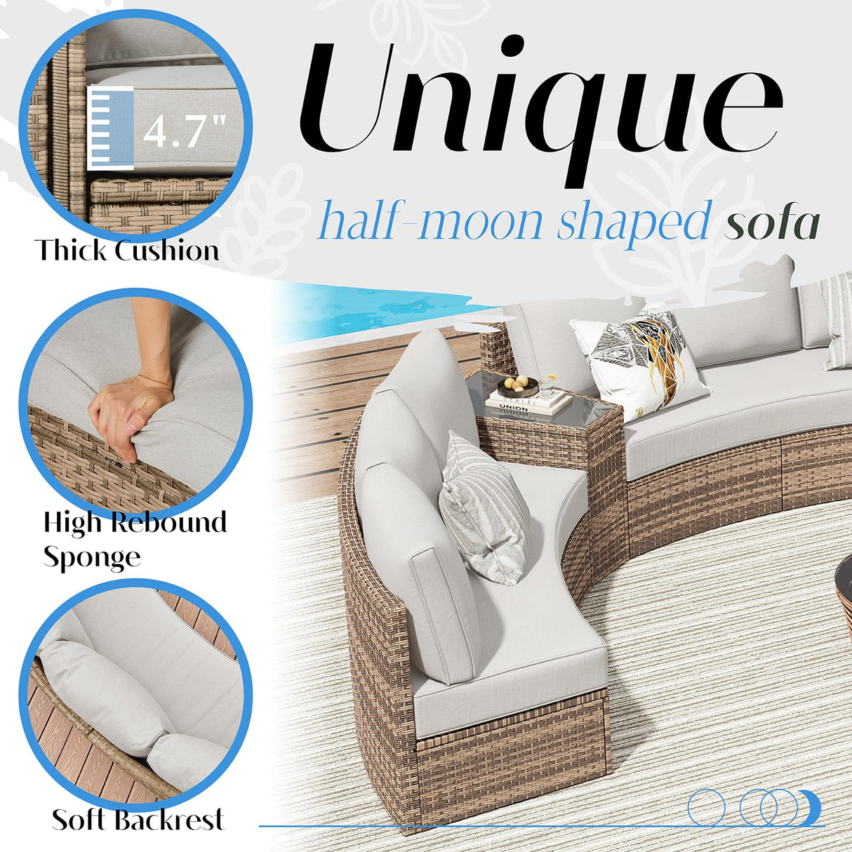 LUXOAK Patio Furniture Sets, 11 Piece Half-Moon Sectional Round Sofa Set, Outdoor Patio Furniture with Cushions & Wedge Table for Beach, Pool, Balcony, Beige LUXOAK