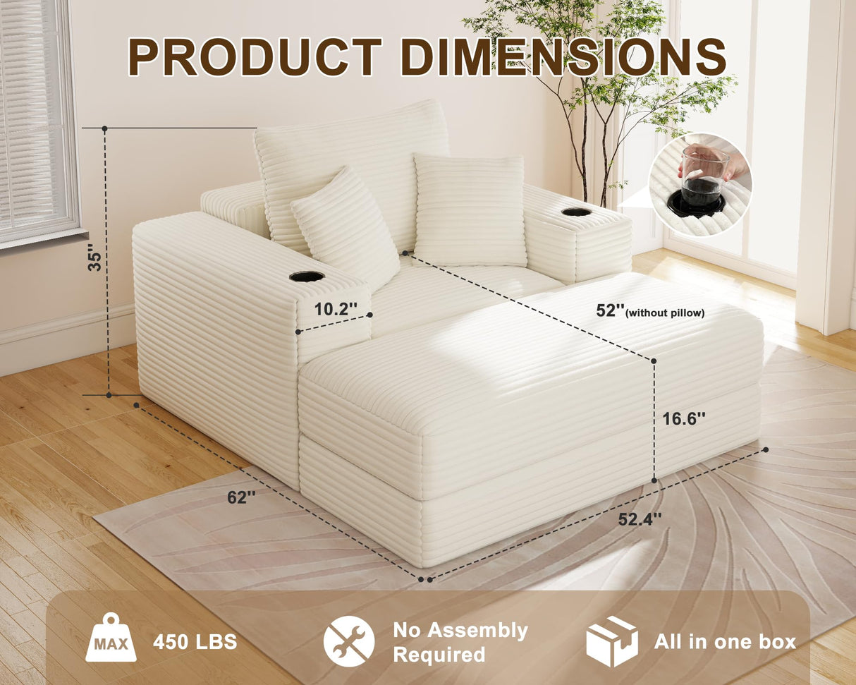 Busaurus 62" Oversized Chaise Lounge Chair Indoor, Fluffy Corduroy Upholstered Boneless Couch, Convertible Sleeper Sofa Bed & Reading Chair, Cloud Sofa Couches for Living Room, No Assembly, Beige Busaurus