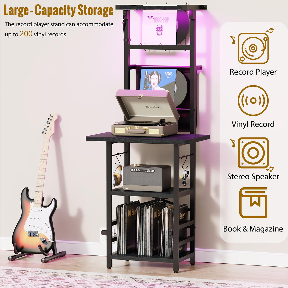 YAKANJ Record Player Stand with Led Light,Record Player Table with Vinyl Storage,Turntable Stand with Record Holder Vinyls Display Shelf for Music Room Studio,Black YAKANJ